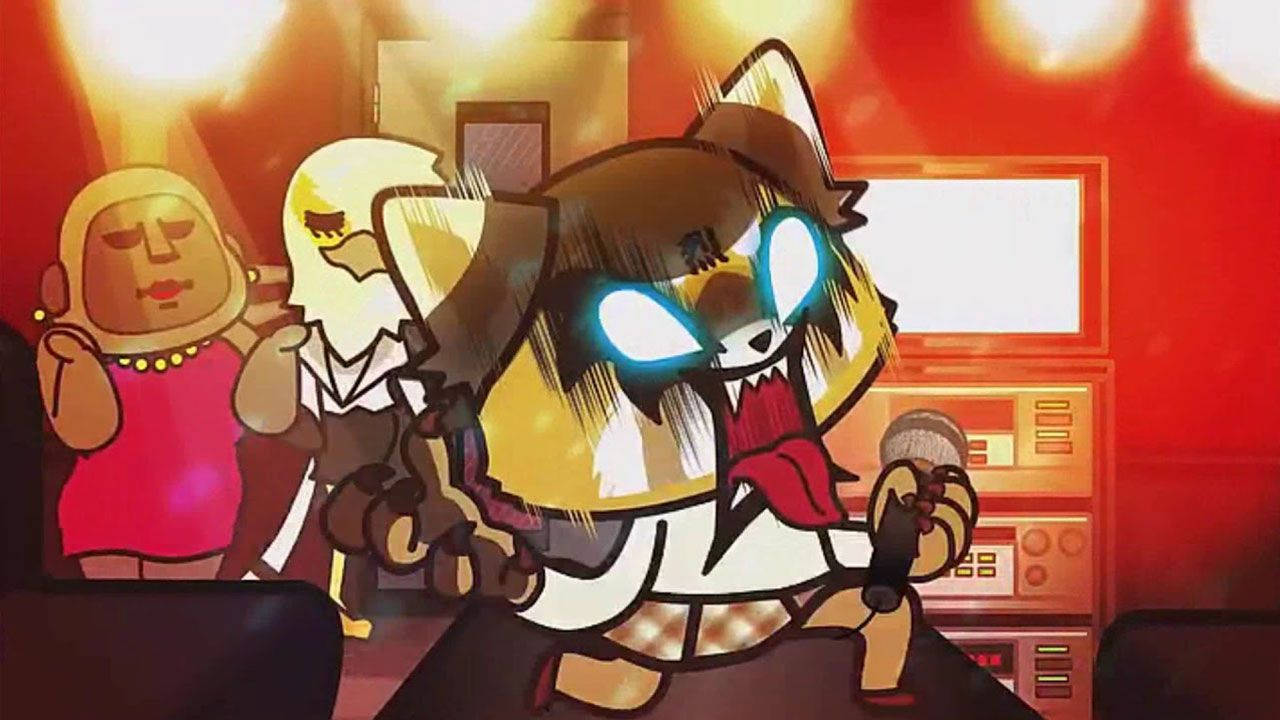 Aggretsuko, karaoke session, glowing blue eyes, HD Desktop Wallpaper
