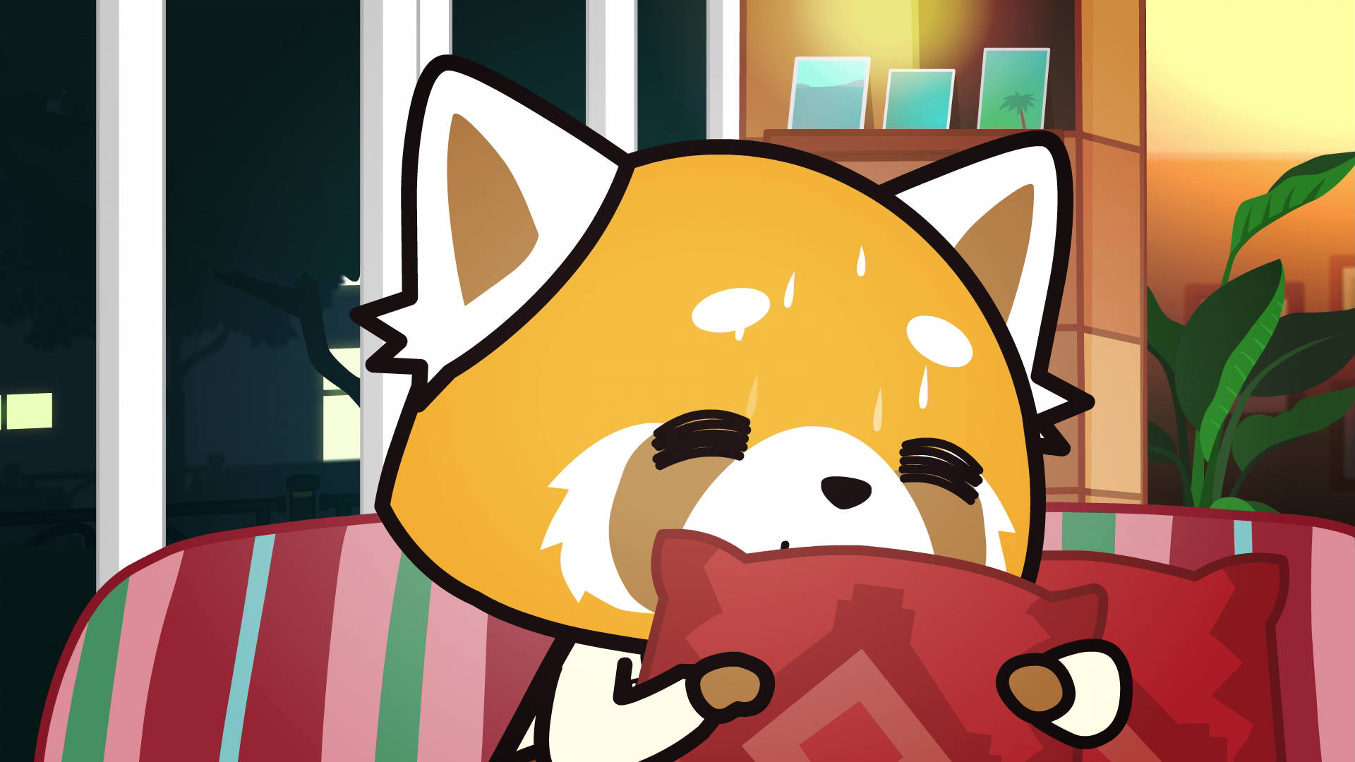 Aggretsuko, red panda anime character, red pillow, Full HD Desktop Wallpaper