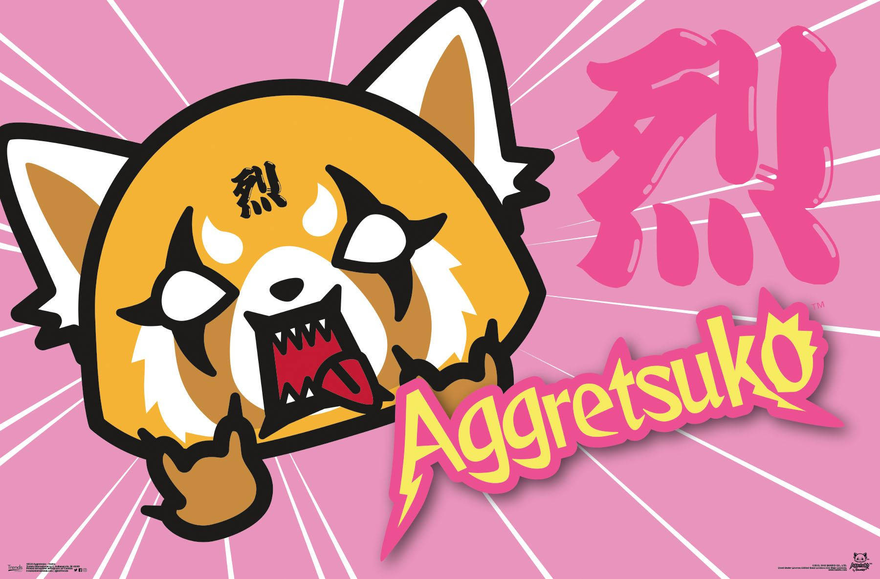 Aggretsuko, pink background, radiating lines, HD Desktop Wallpaper