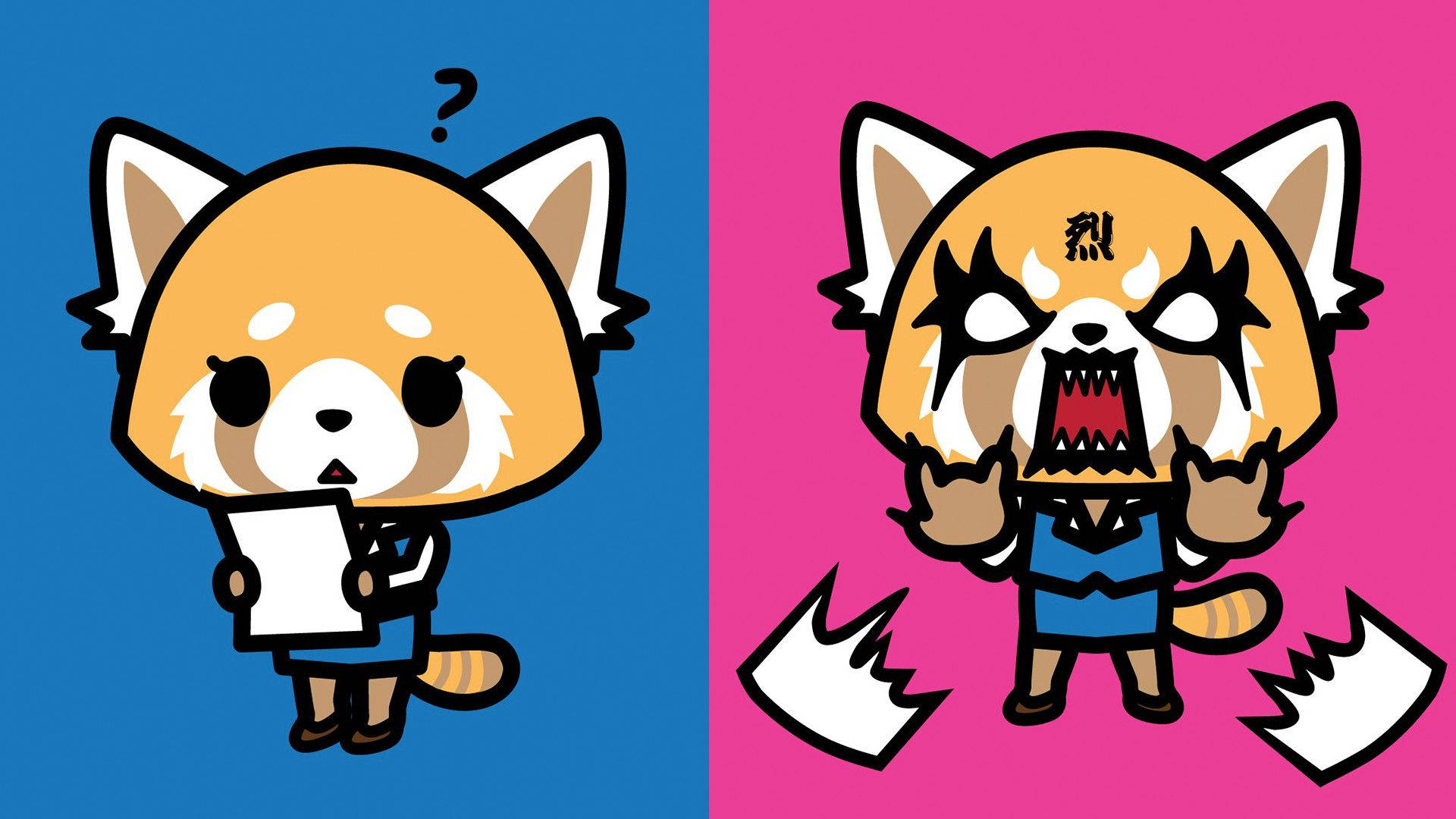 Aggretsuko, chibi red pandas, blue backgrounds, Full HD Desktop Wallpaper