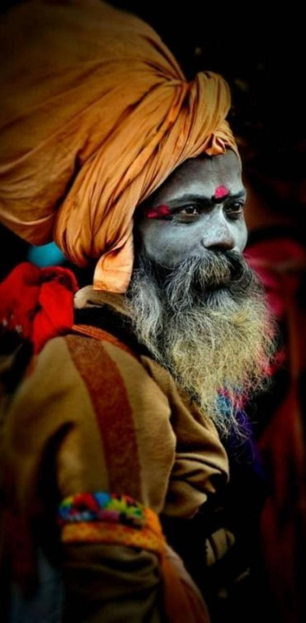Aghori, grey face paint, vibrant orange turban, HD Phone Wallpaper