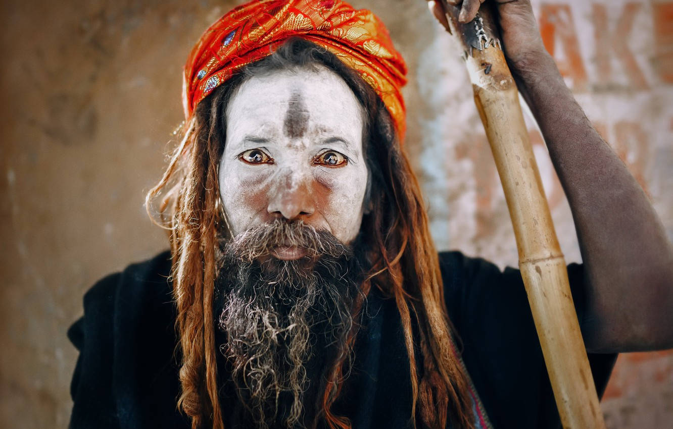 Aghori, white face paint, orange turban, HD Desktop Wallpaper
