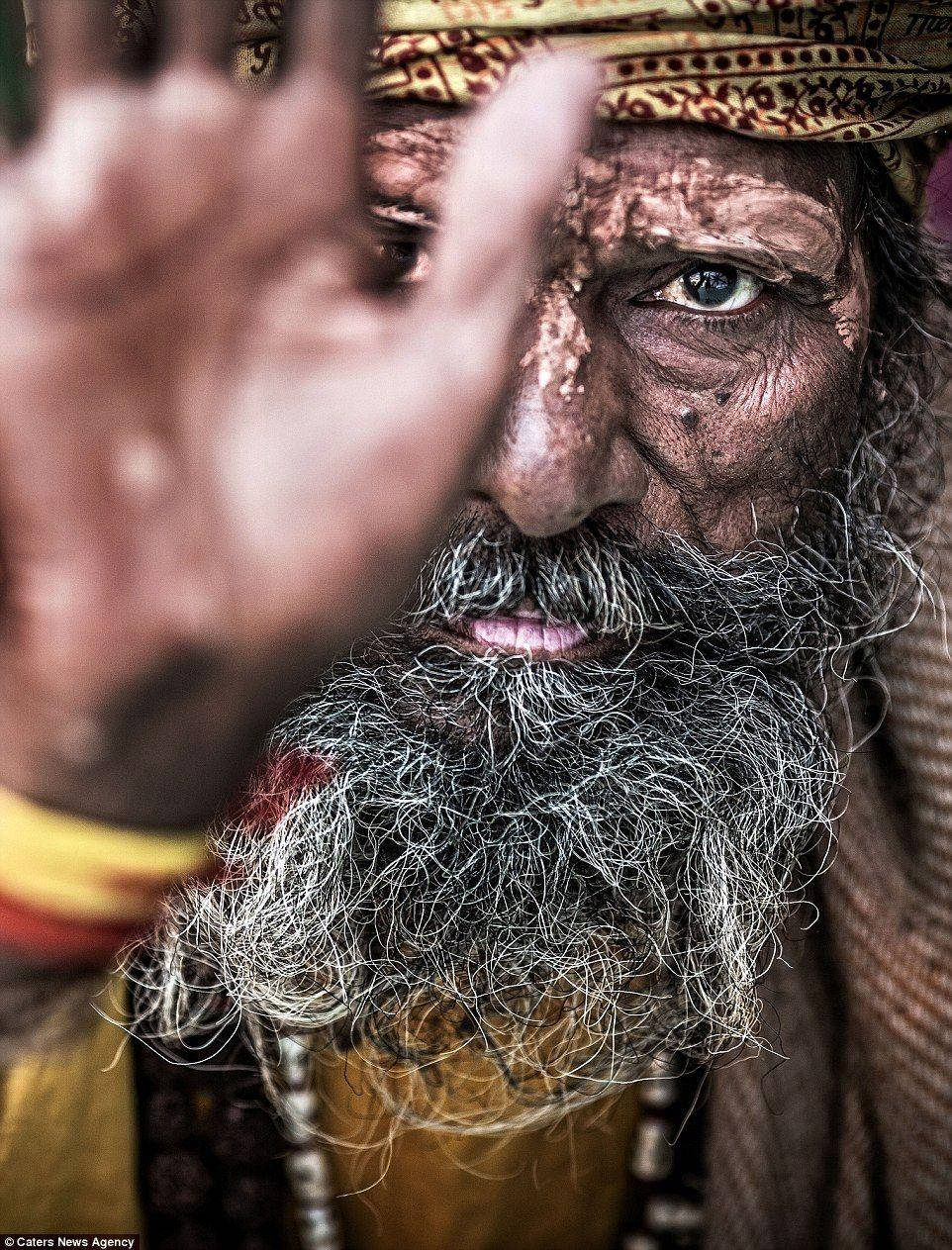 Aghori, long gray beard, patterned headwrap, SD Phone Wallpaper