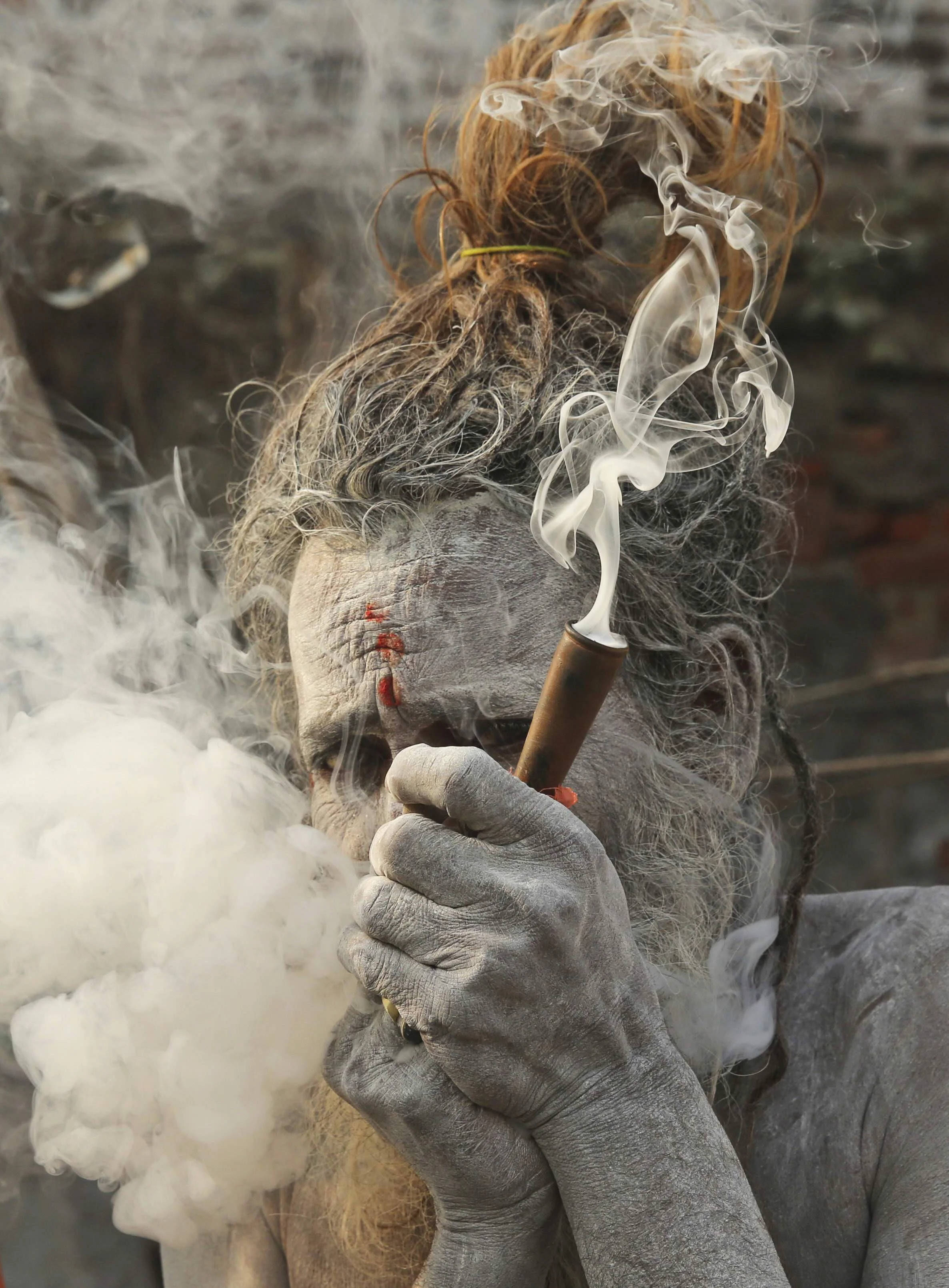 Aghori, ash-covered skin, wild hair, 2K Phone Wallpaper