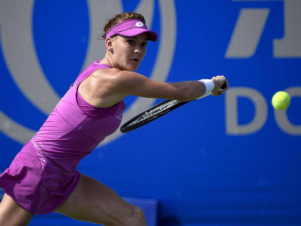 Agnieszka Radwanska, backhand stroke, purple outfit, SD Desktop Wallpaper