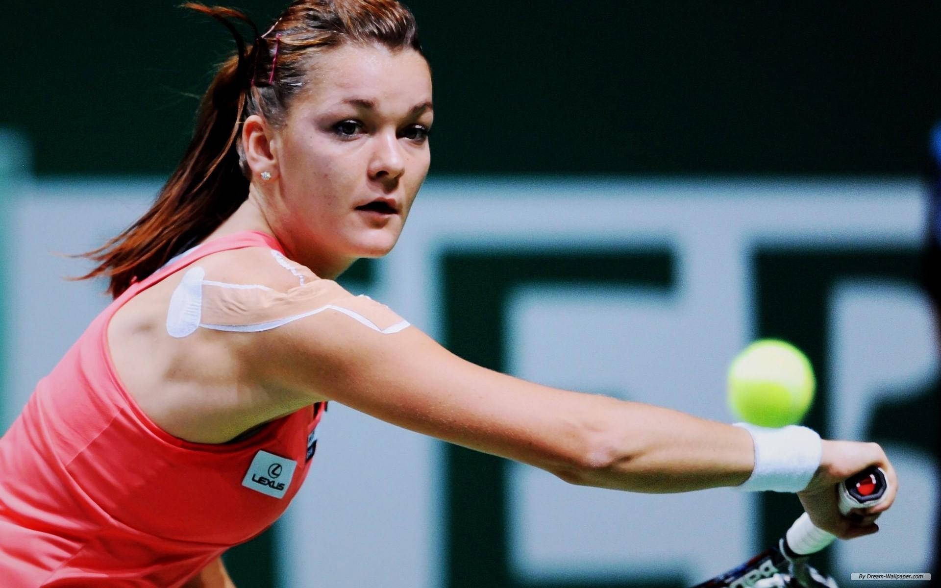Agnieszka Radwanska, backhand slice, red top, Full HD Desktop Wallpaper