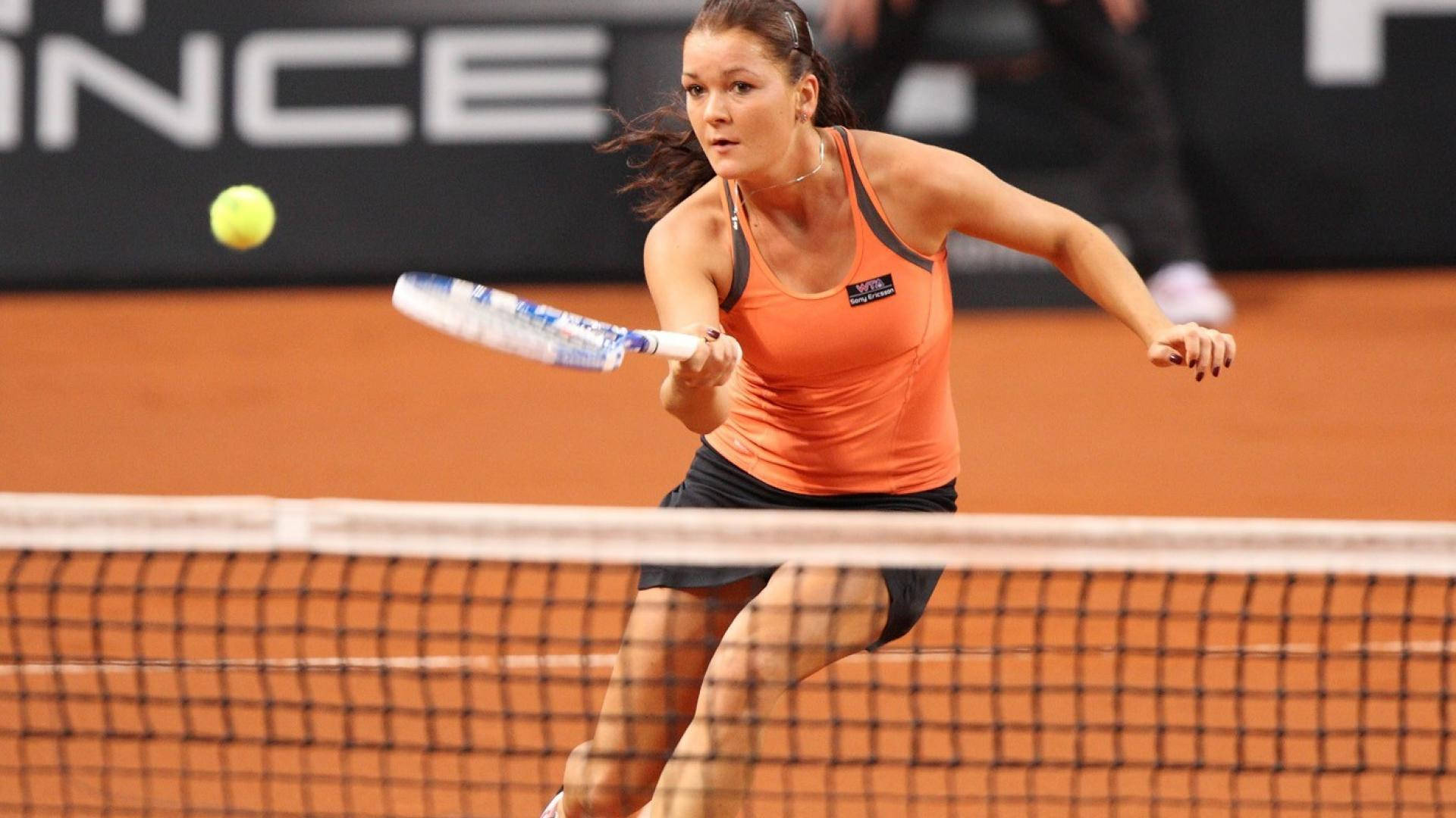 Agnieszka Radwanska, orange top, clay court, Full HD Desktop Wallpaper
