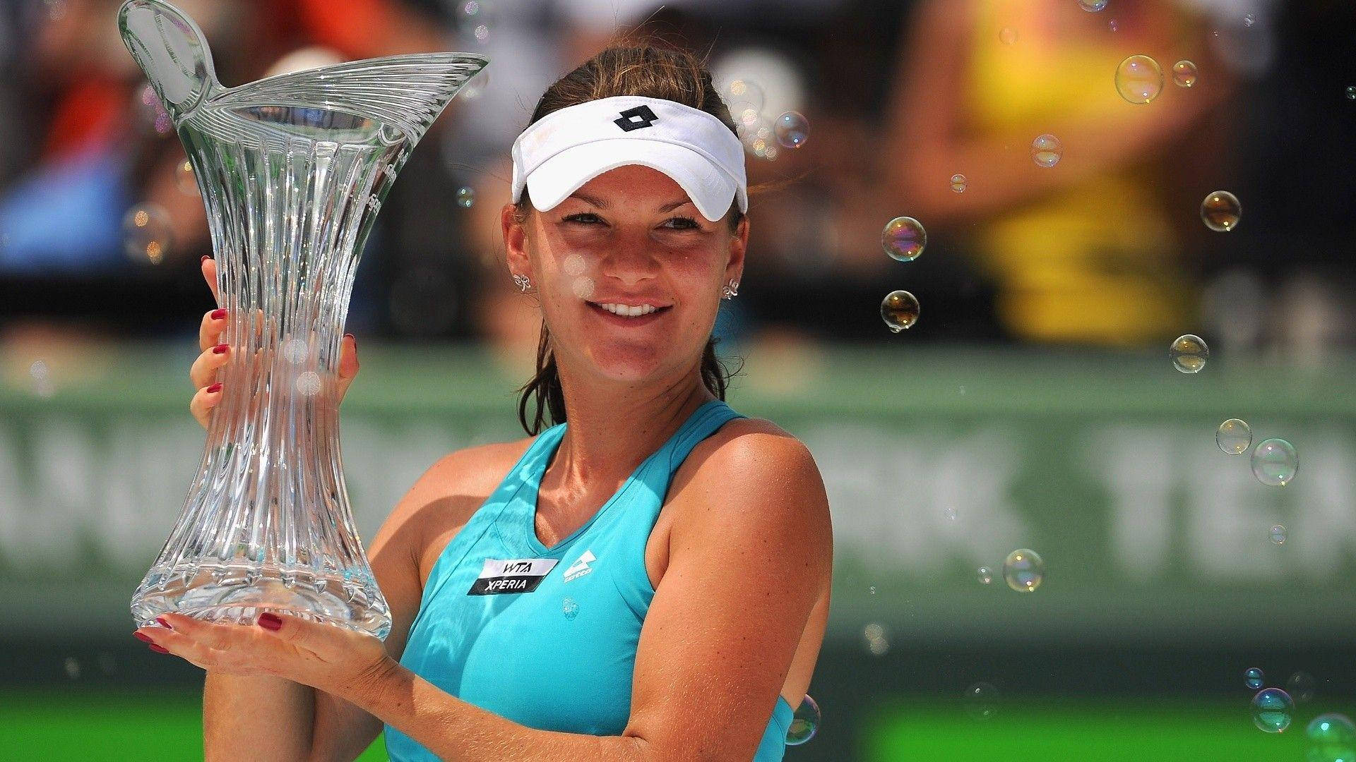 Agnieszka Radwanska, blue outfit, large glass trophy, Full HD Desktop Wallpaper