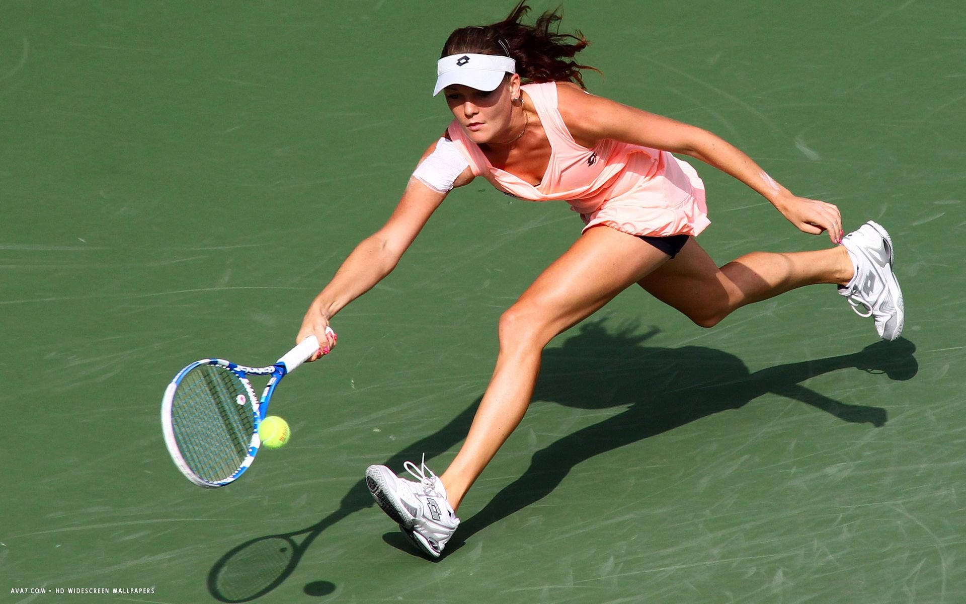 Agnieszka Radwanska, running for forehand stroke, green court, Full HD Desktop Wallpaper
