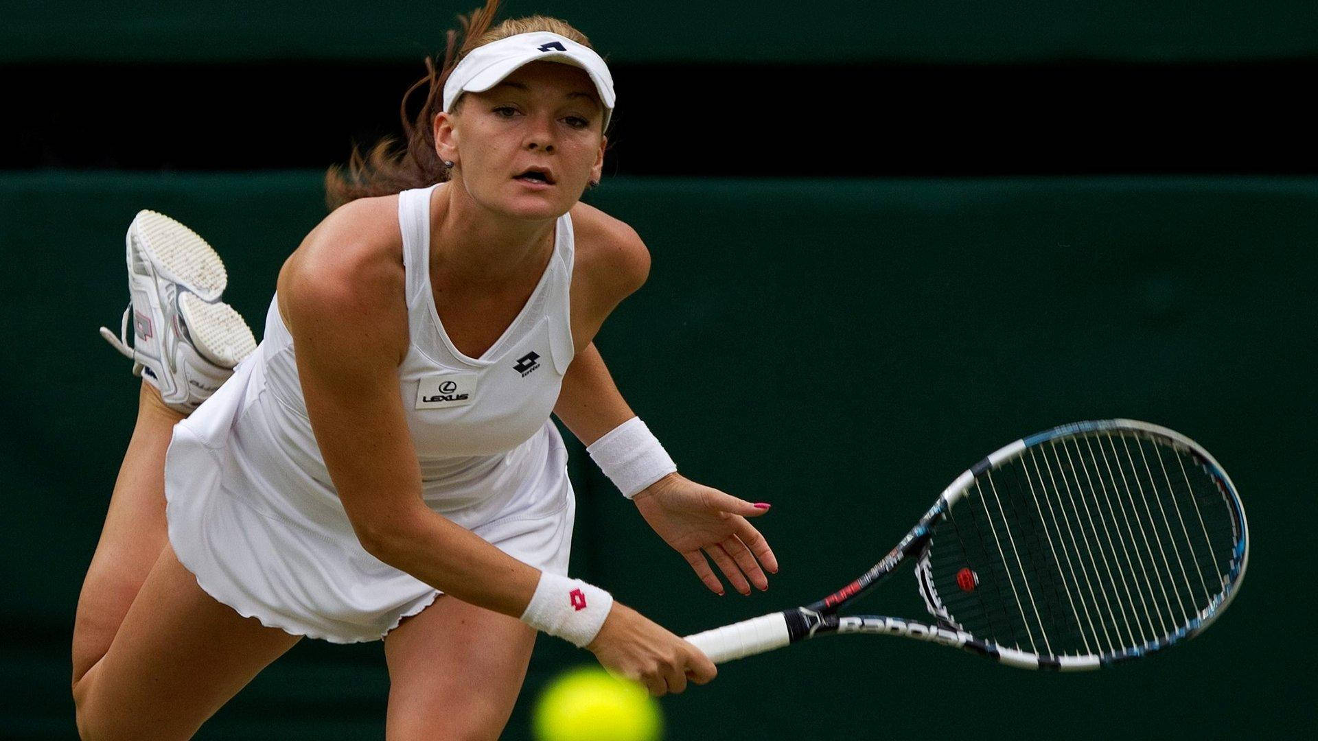 Agnieszka Radwanska, white gear, yellow ball, Full HD Desktop Wallpaper