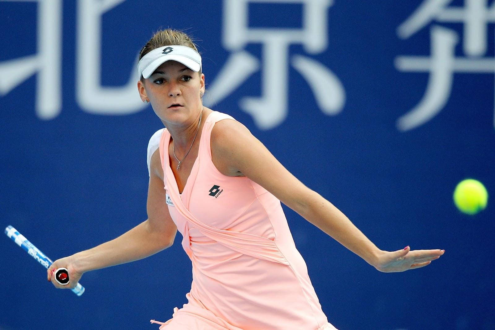 Agnieszka Radwanska, pink tennis dress, bright yellow ball, HD Desktop Wallpaper