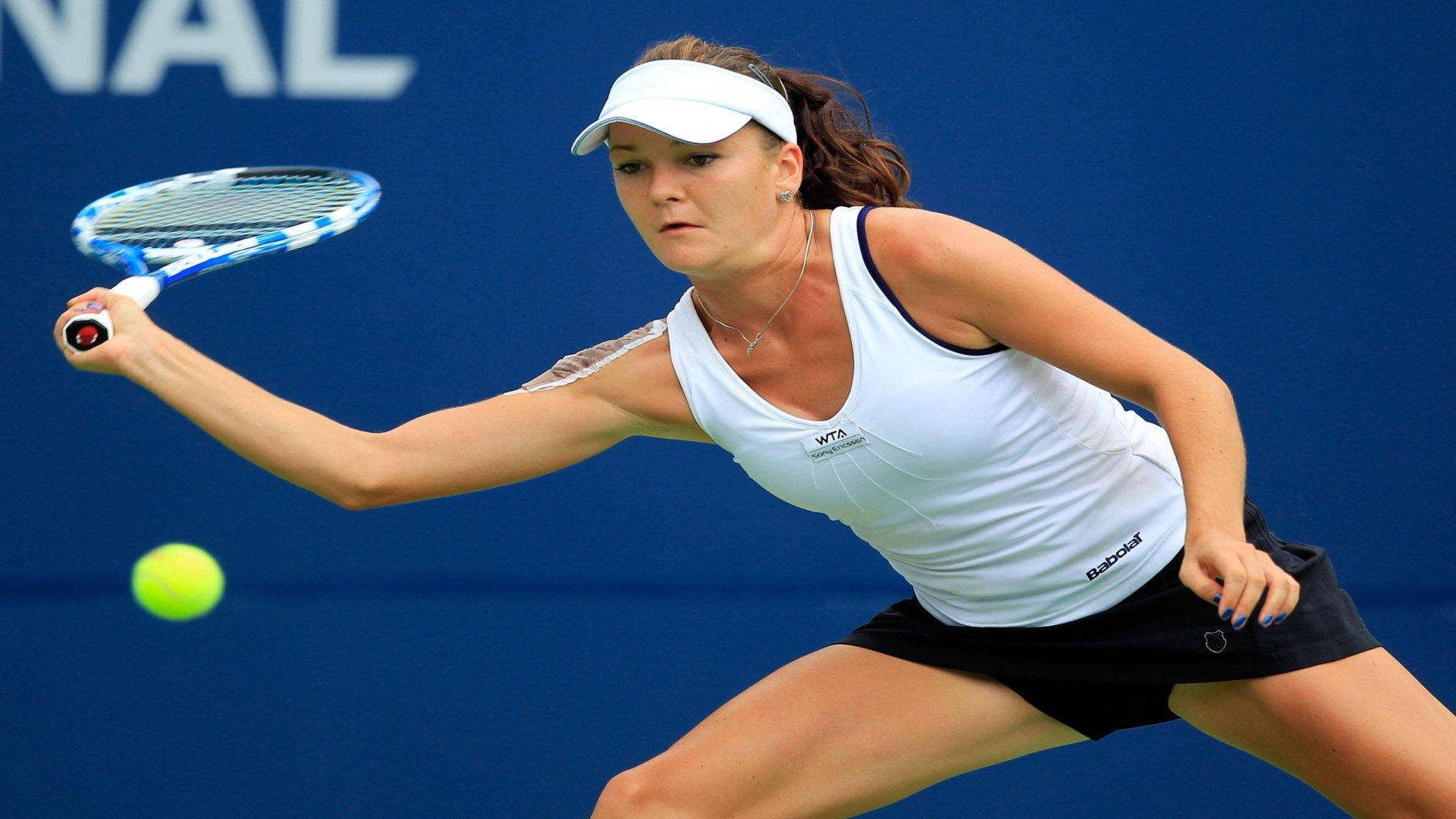Agnieszka Radwanska, steady forehand stroke, white tank top, Full HD Desktop Wallpaper