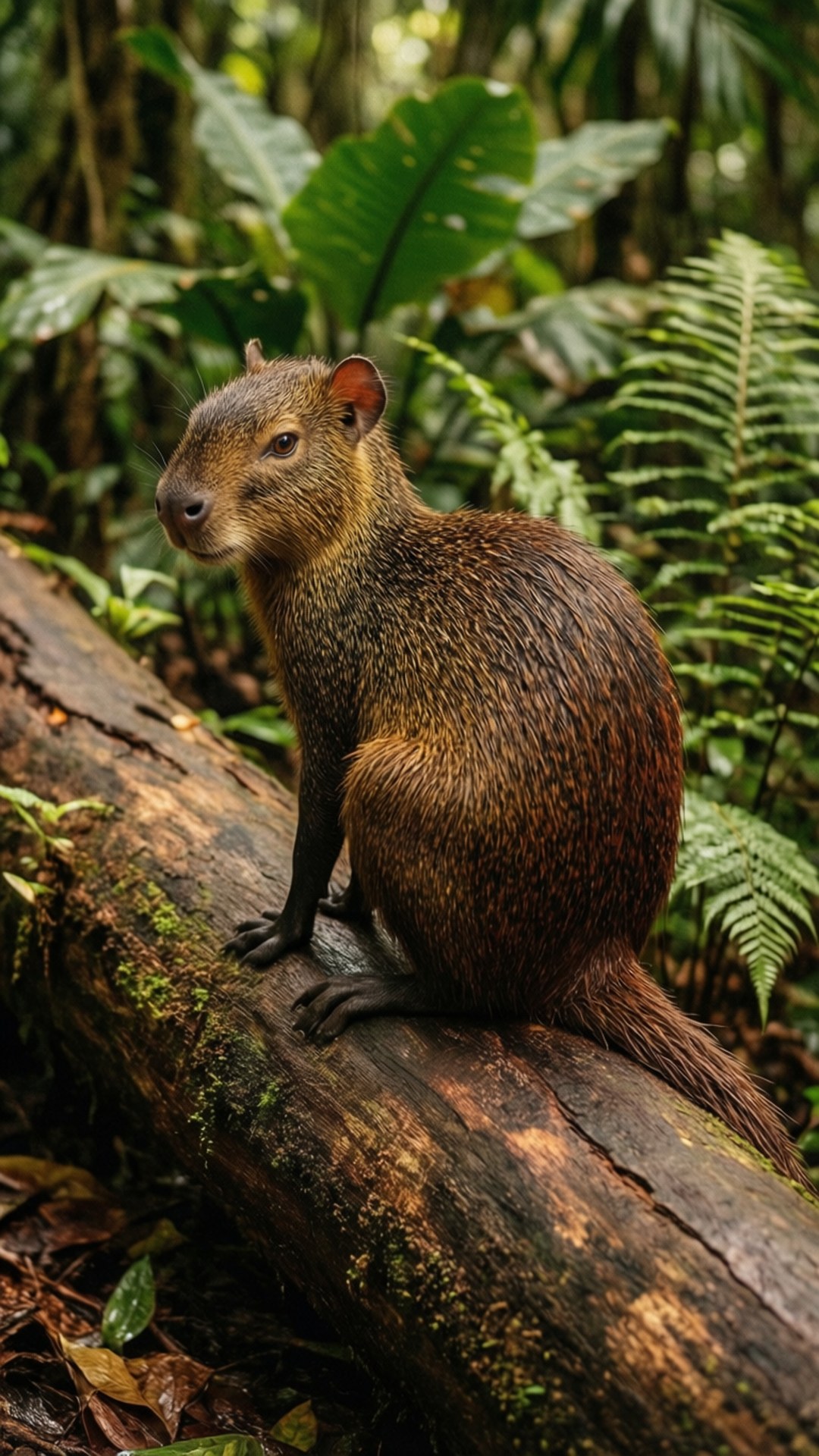 Agouti, mossy log, lush green ferns, Full HD Phone Wallpaper