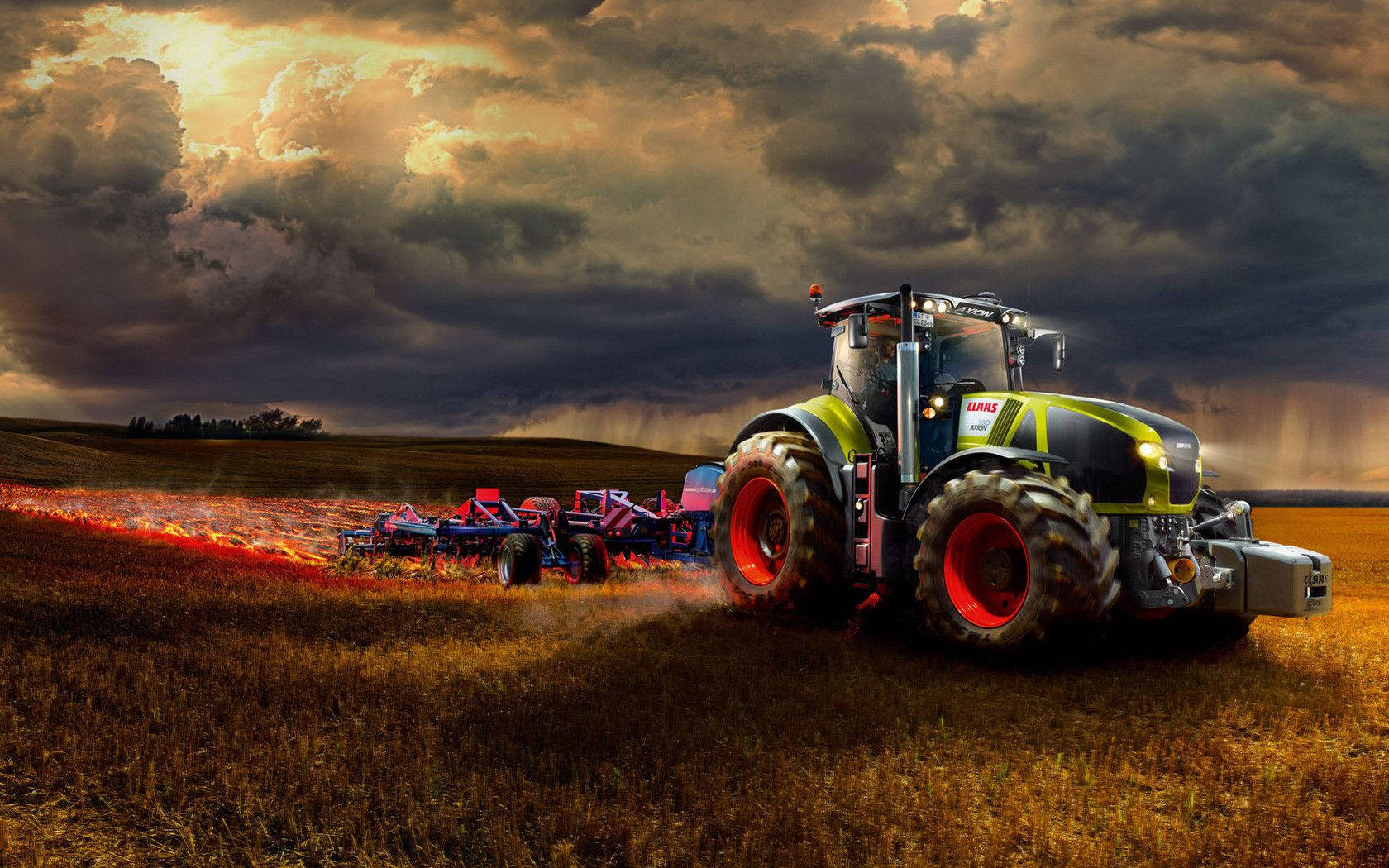 green and yellow tractor, red wheels, plows a field, HD Desktop Wallpaper
