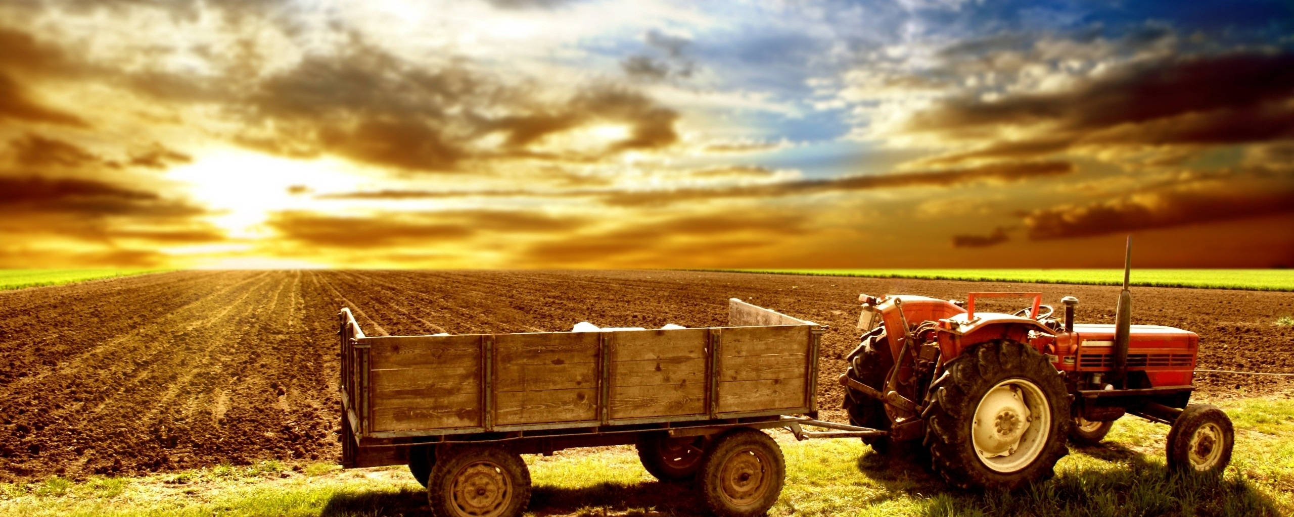 agriculture classic tractor, red tractor, wooden cart, 2K Desktop Wallpaper