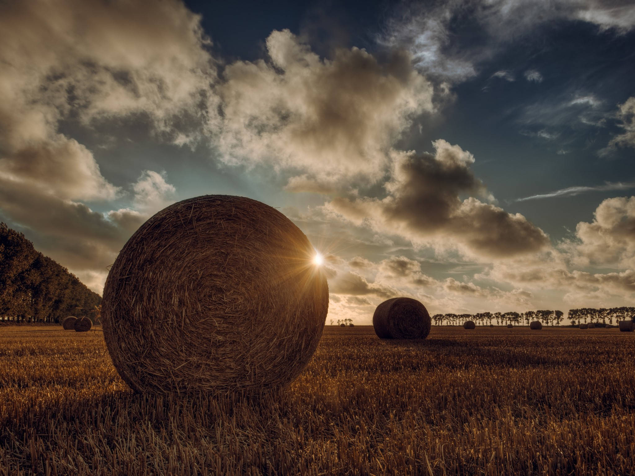 straw bale, golden field, sunset, Full HD Desktop Wallpaper
