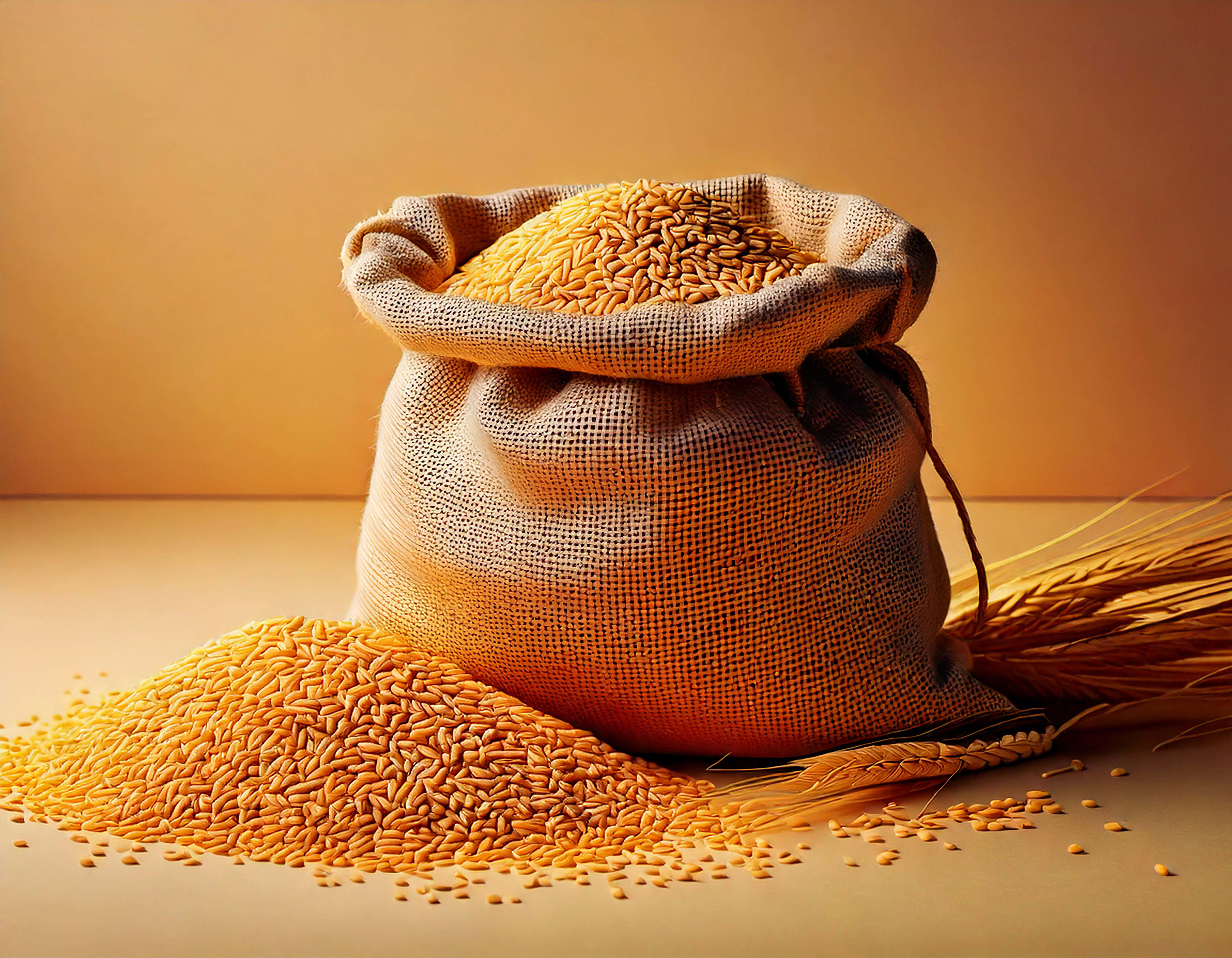 burlap sack, golden wheat grains, wheat stalk, 5K Desktop Wallpaper
