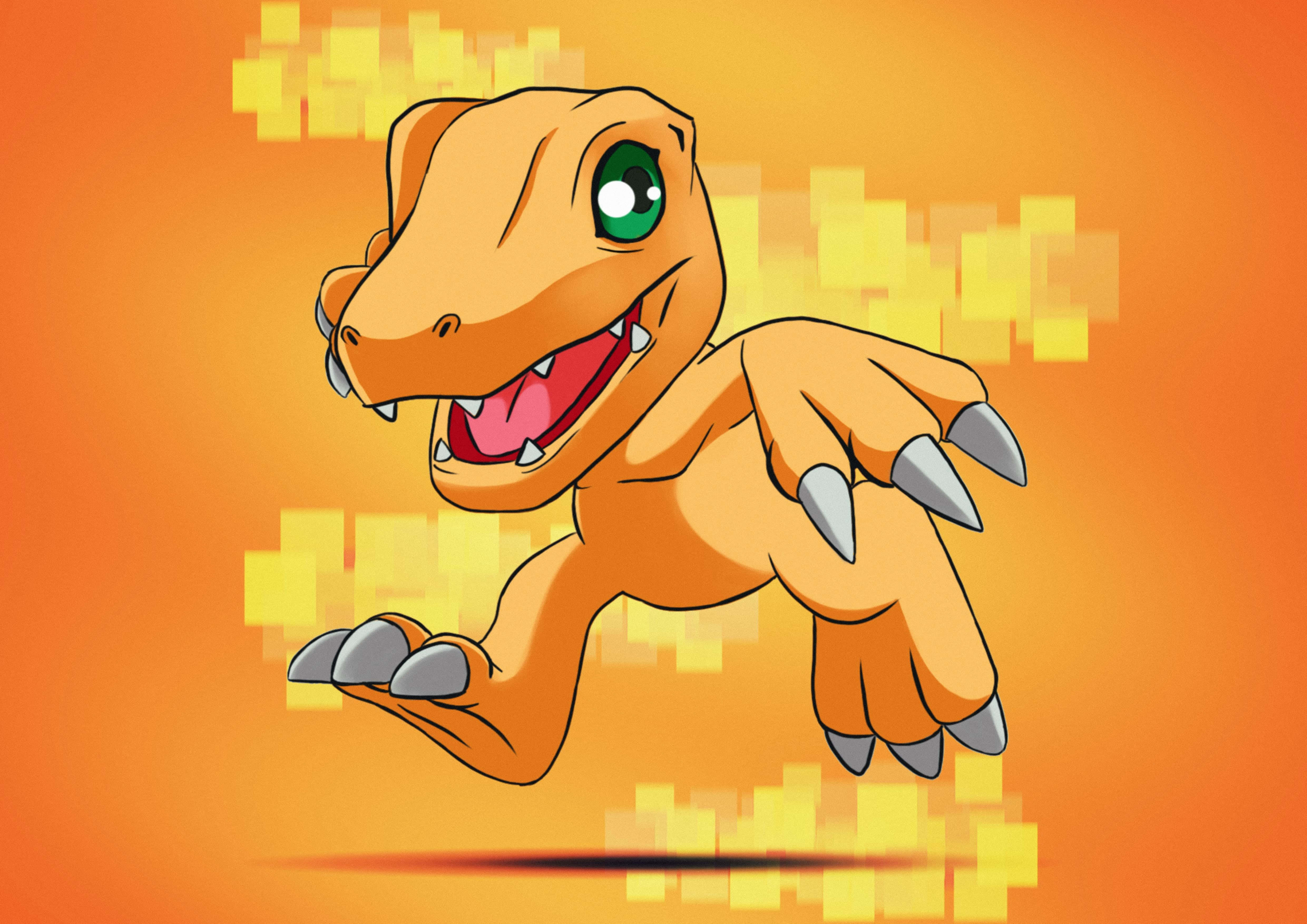 Agumon, orange dinosaur-like creature, green eyes, 4K Desktop Wallpaper