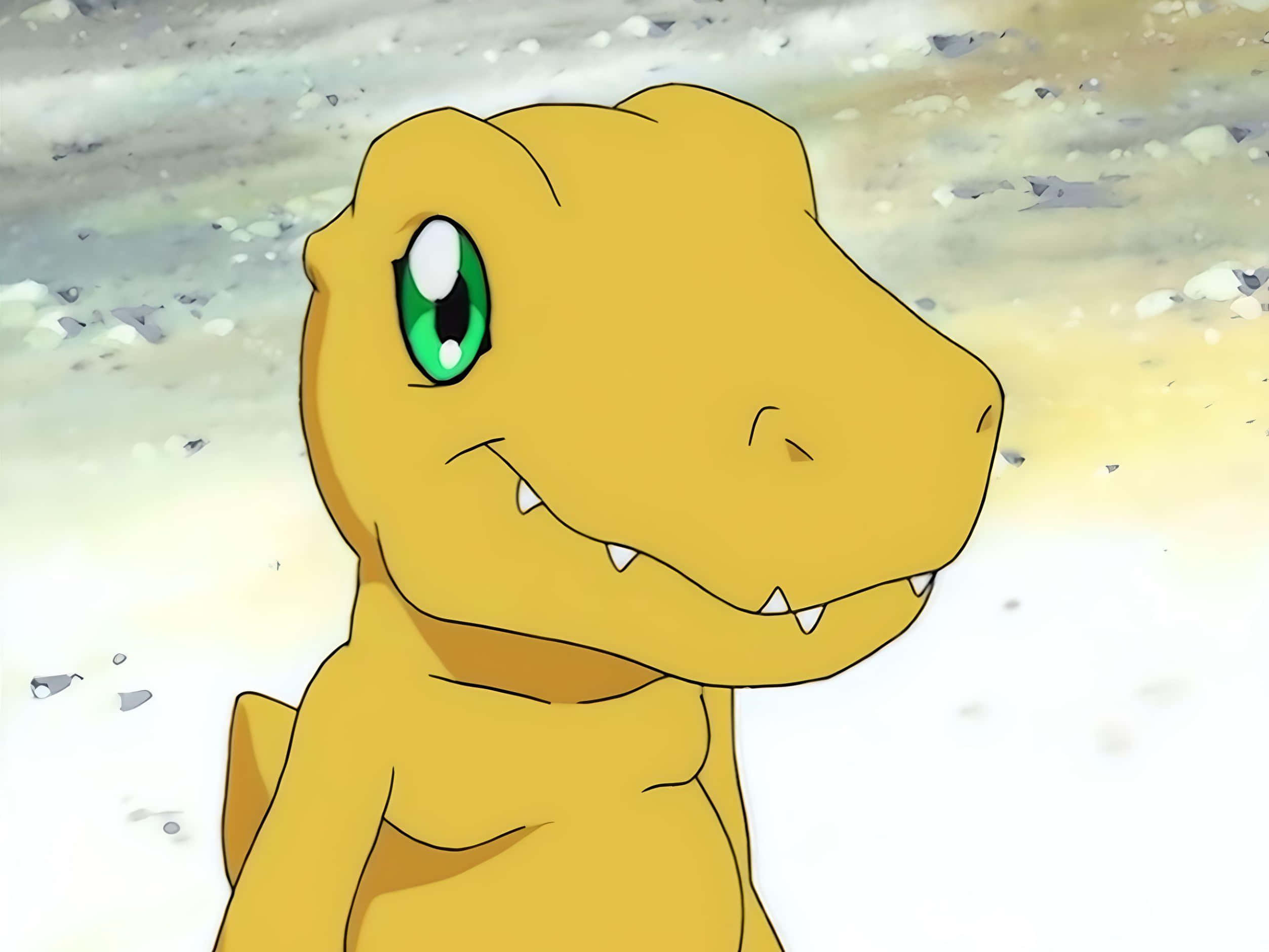 Agumon, yellow anime dinosaur, bright green eyes, Full HD Desktop Wallpaper