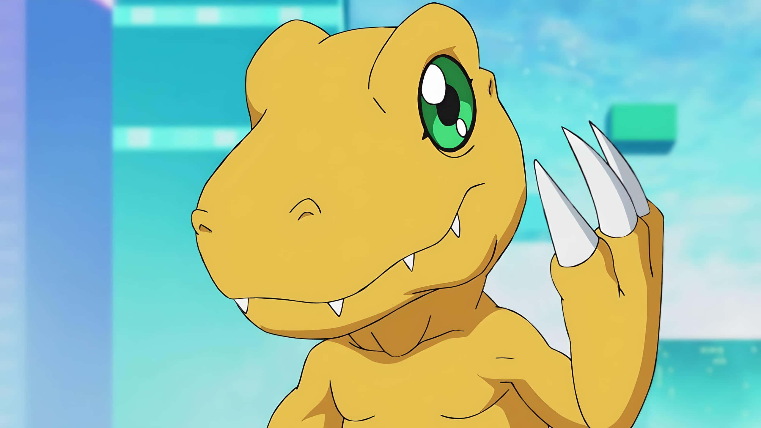 Agumon, yellow dinosaur-like anime character, green eyes, 2K Desktop Wallpaper