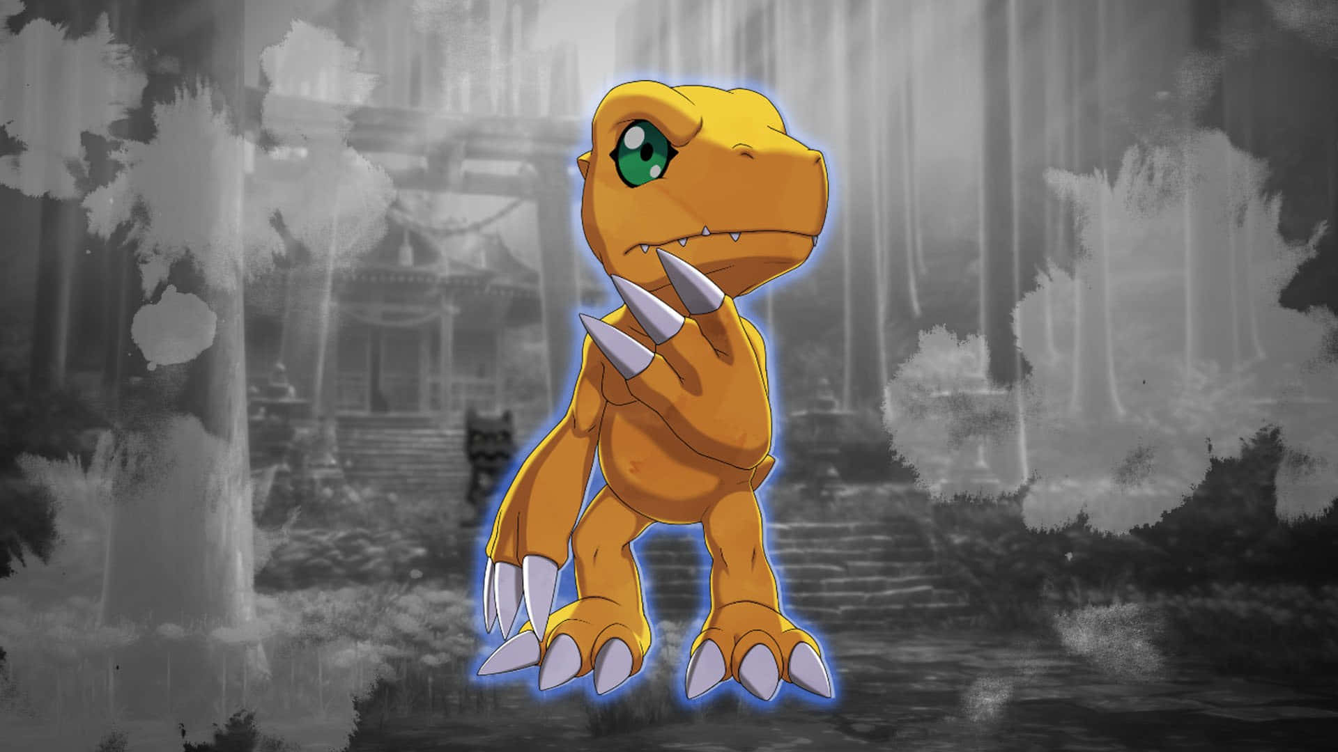 Agumon, mystical forest, grayscale forest, Full HD Desktop Wallpaper