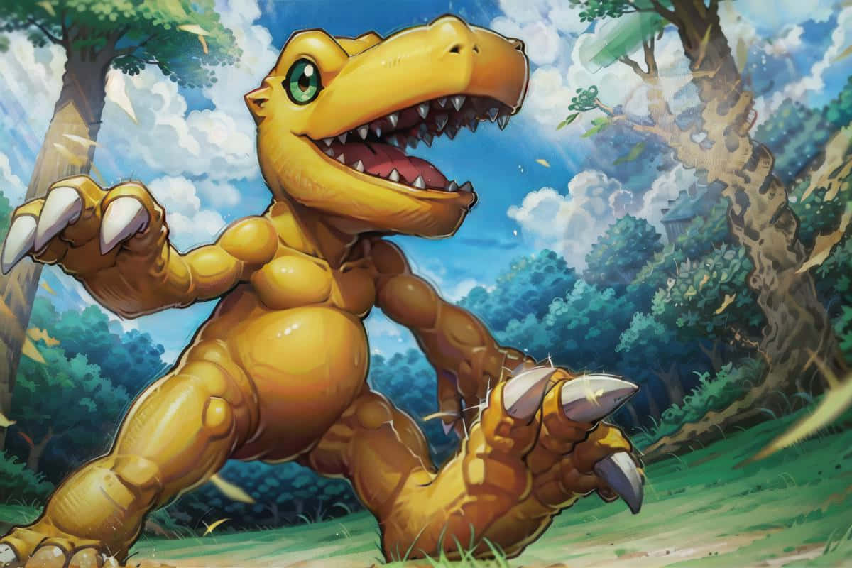 Agumon, digital monster, forest clearing, SD Desktop Wallpaper