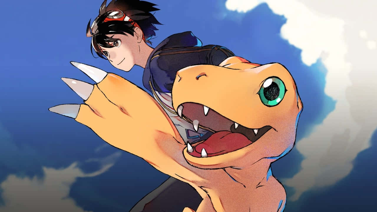 Agumon, anime boy, orange dinosaur, HD Desktop Wallpaper
