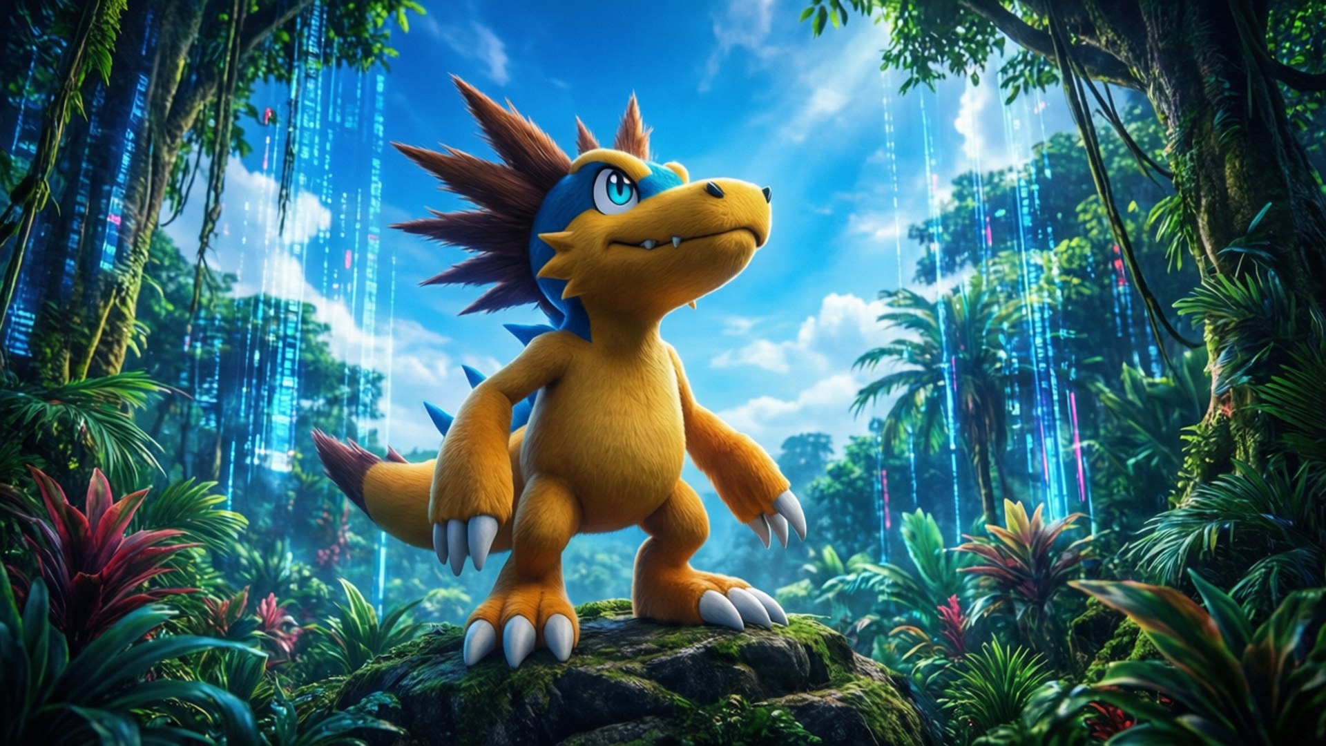 Agumon, vibrant digital jungle, glowing data streams, Full HD Desktop Wallpaper