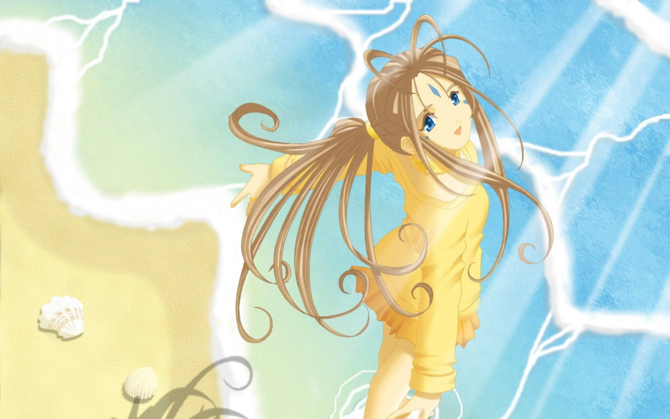 Ah My Goddess, beach, yellow outfit, 2K Desktop Wallpaper