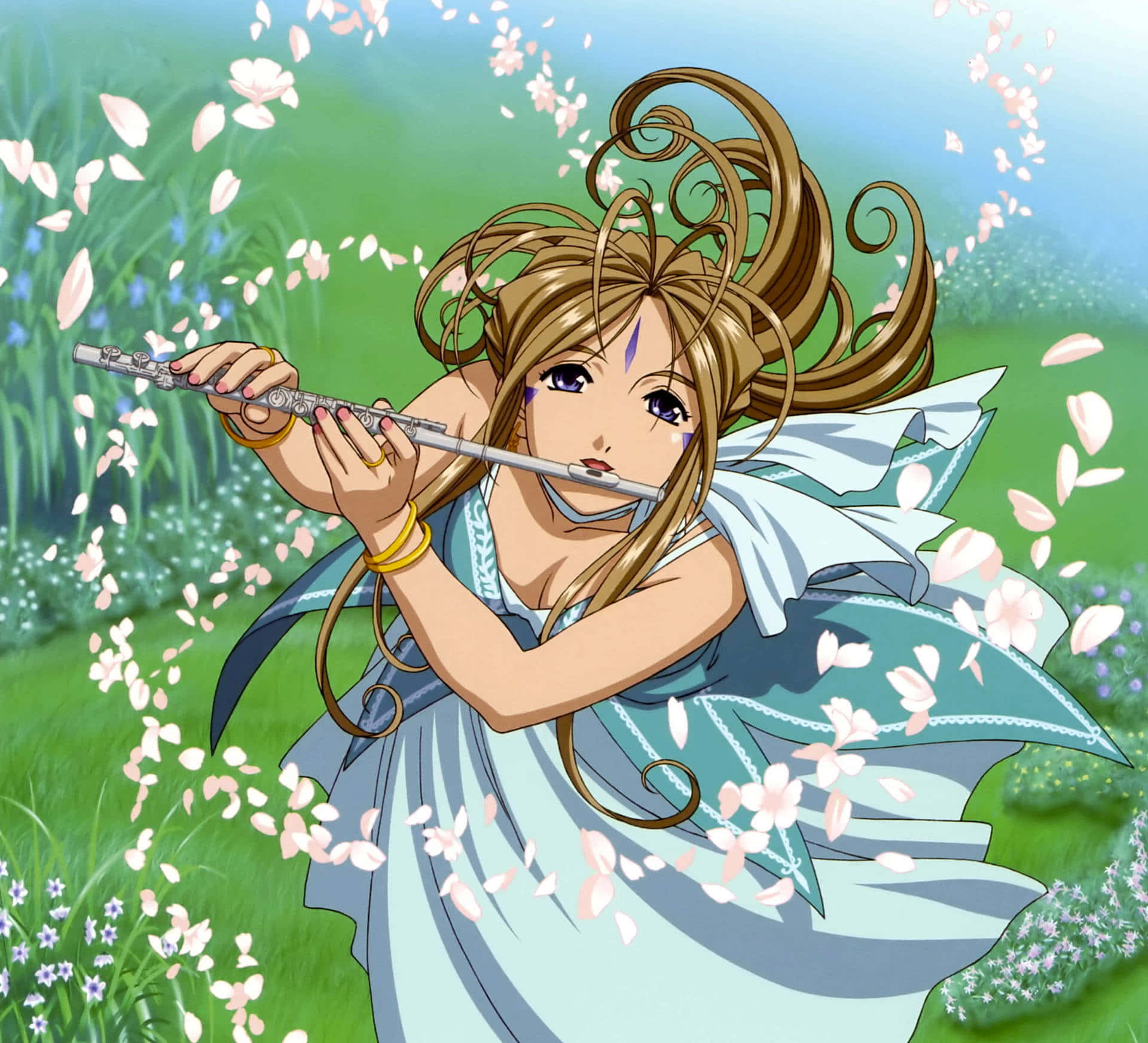 Skuld, silver flute, pink cherry blossoms, Full HD Desktop Wallpaper