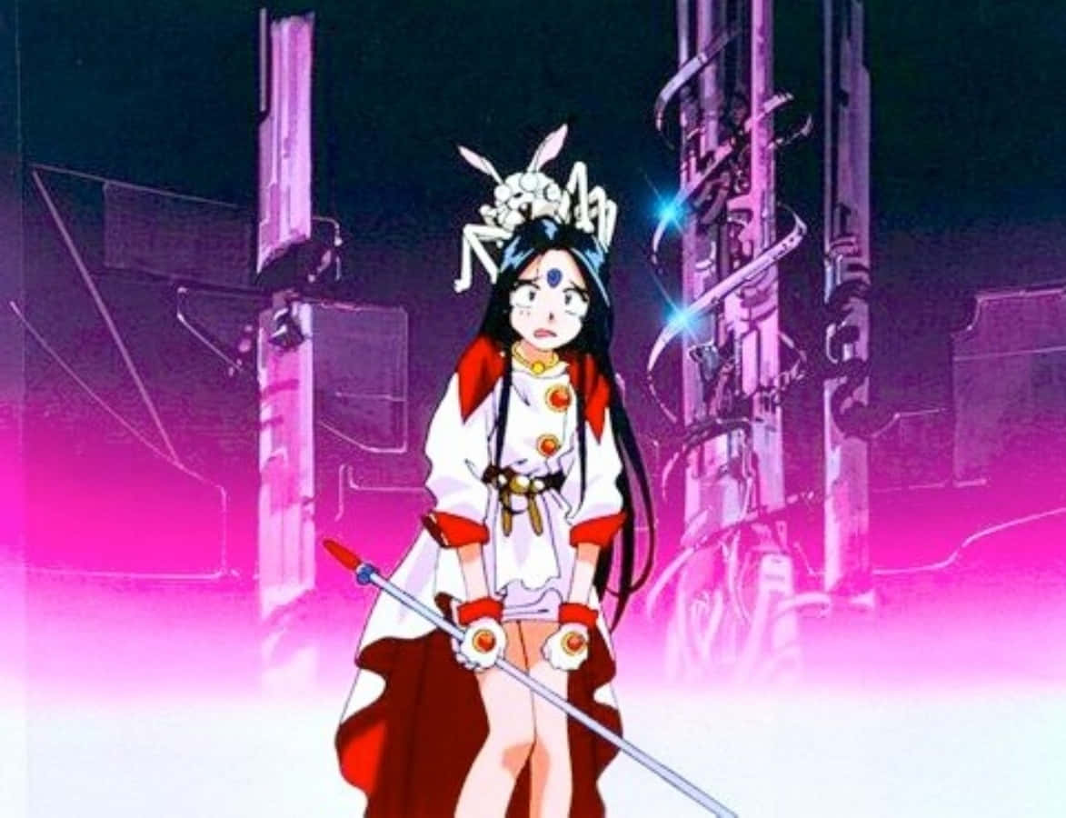 Skuld, Ah My Goddess, neon pink futuristic cityscape, SD Desktop Wallpaper
