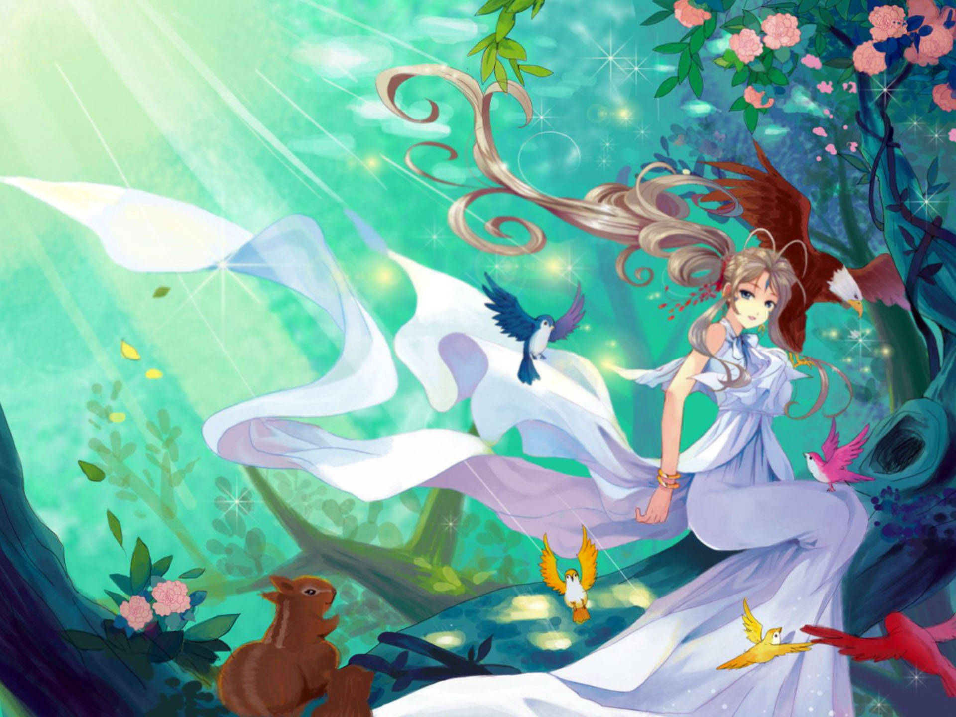 Ah My Goddess, green forest, glowing forest, Full HD Desktop Wallpaper