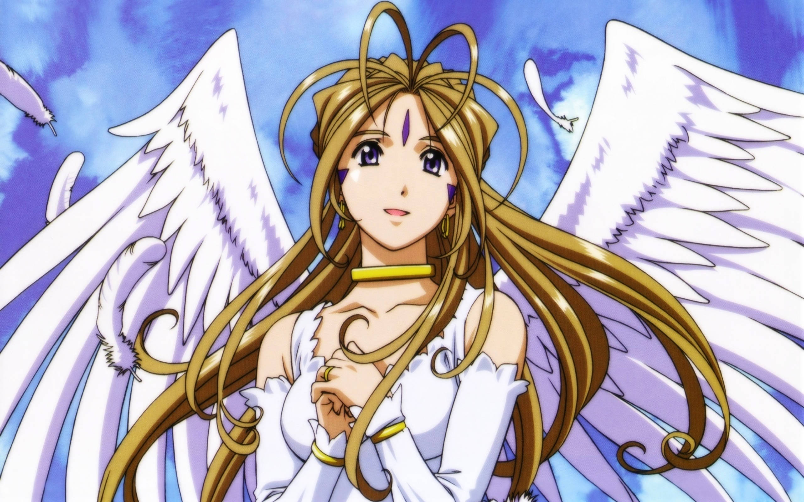 Ah My Goddess, golden hair, white wings, 2K Desktop Wallpaper