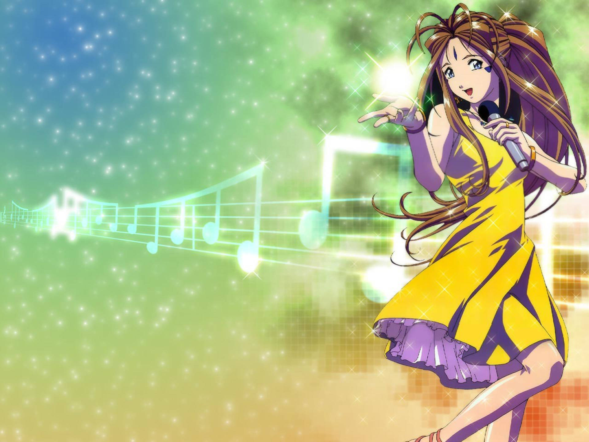 Ah My Goddess, yellow dress, glowing musical notes, Full HD Desktop Wallpaper