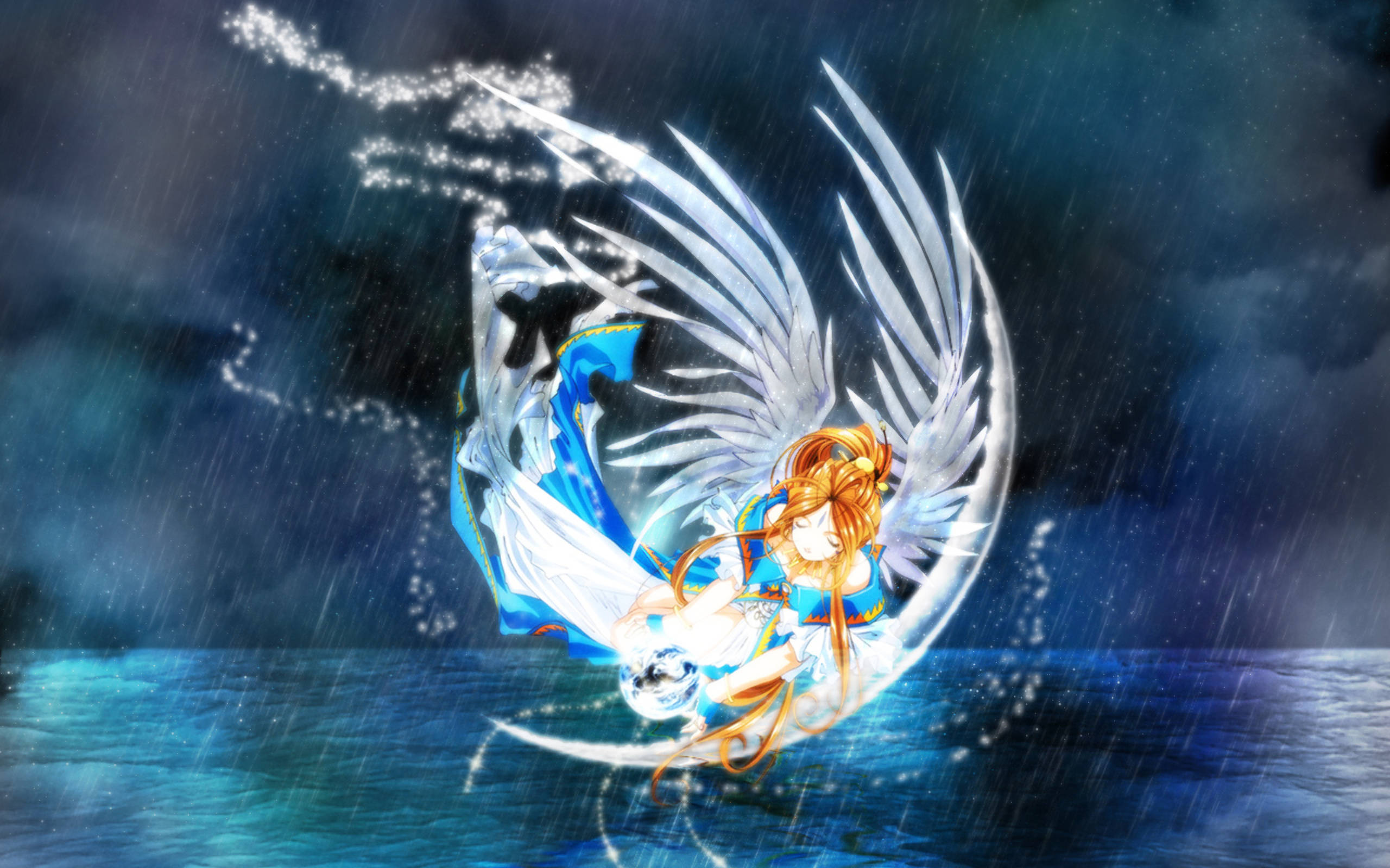 Ah My Goddess, white wings, orange hair, 2K Desktop Wallpaper
