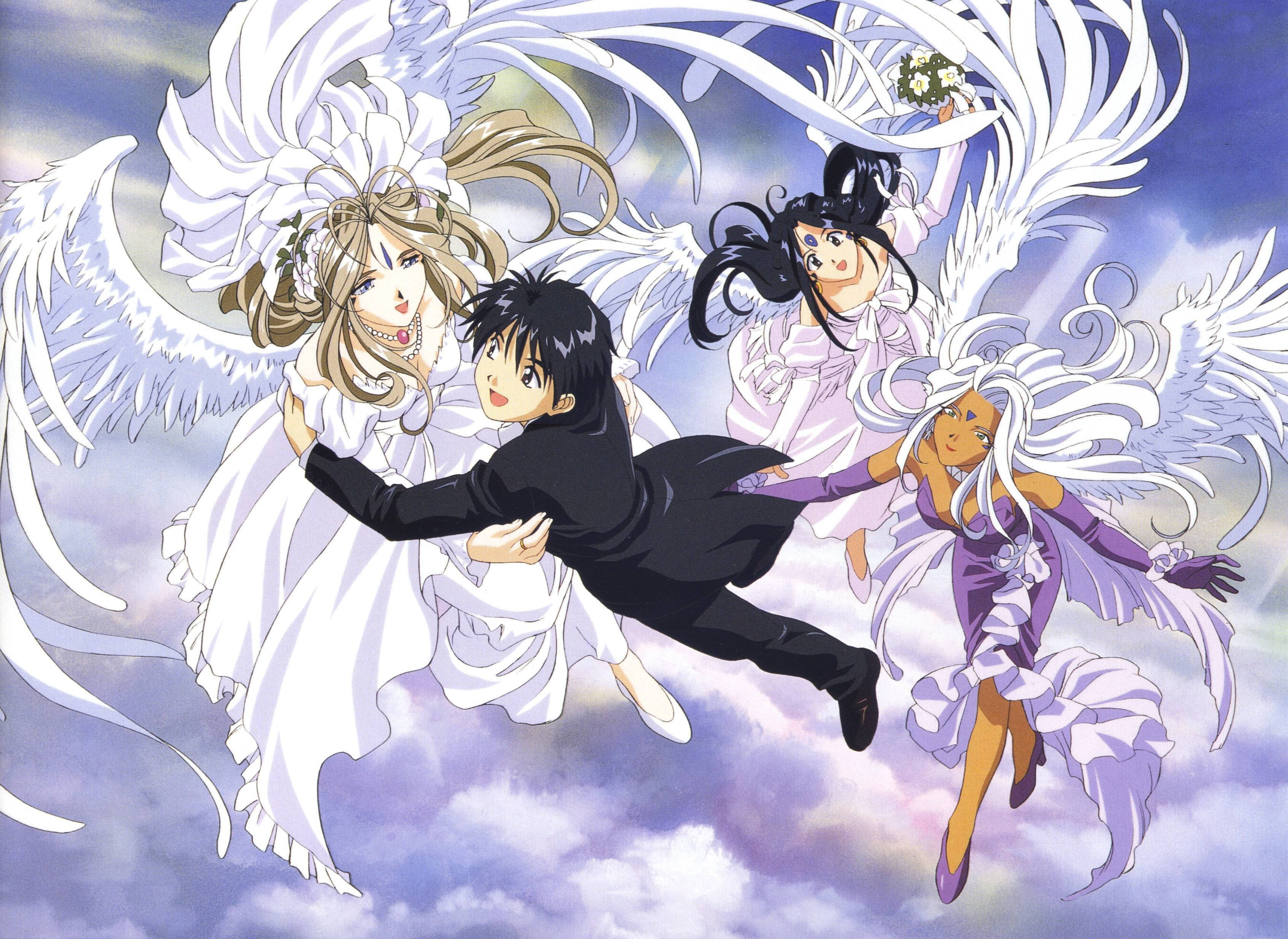 Ah My Goddess, black, white wings, 2K Desktop Wallpaper