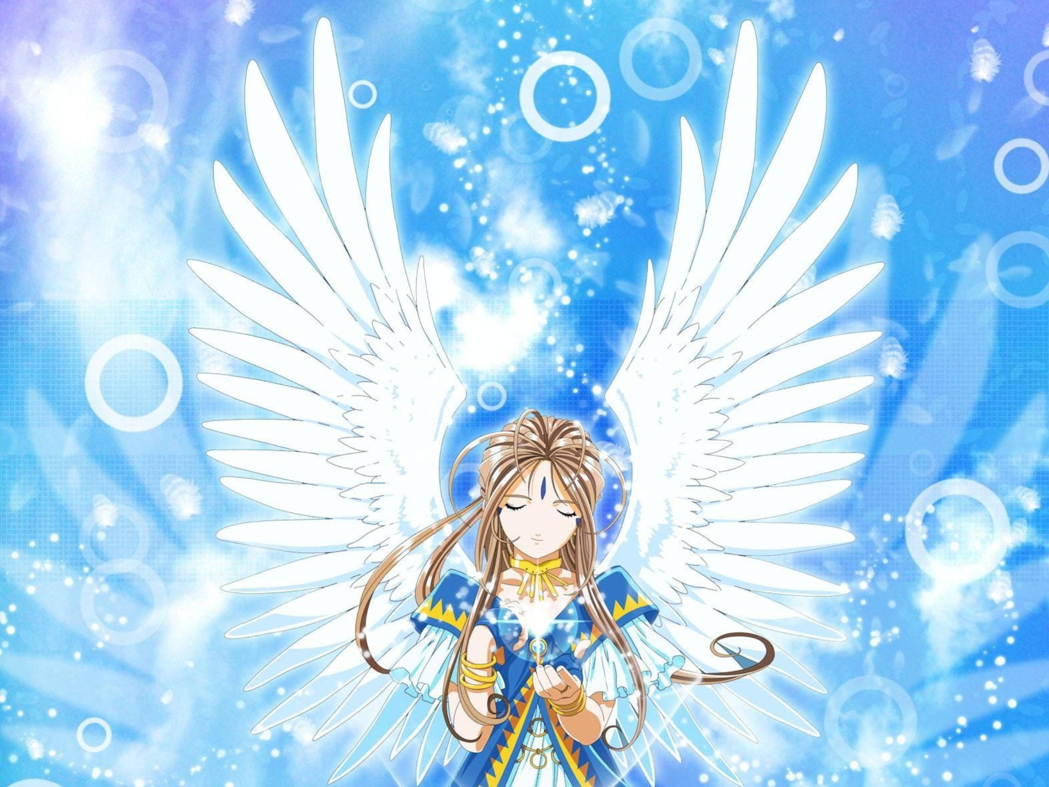 Ah My Goddess, blue sparkles, white wings, Full HD Desktop Wallpaper