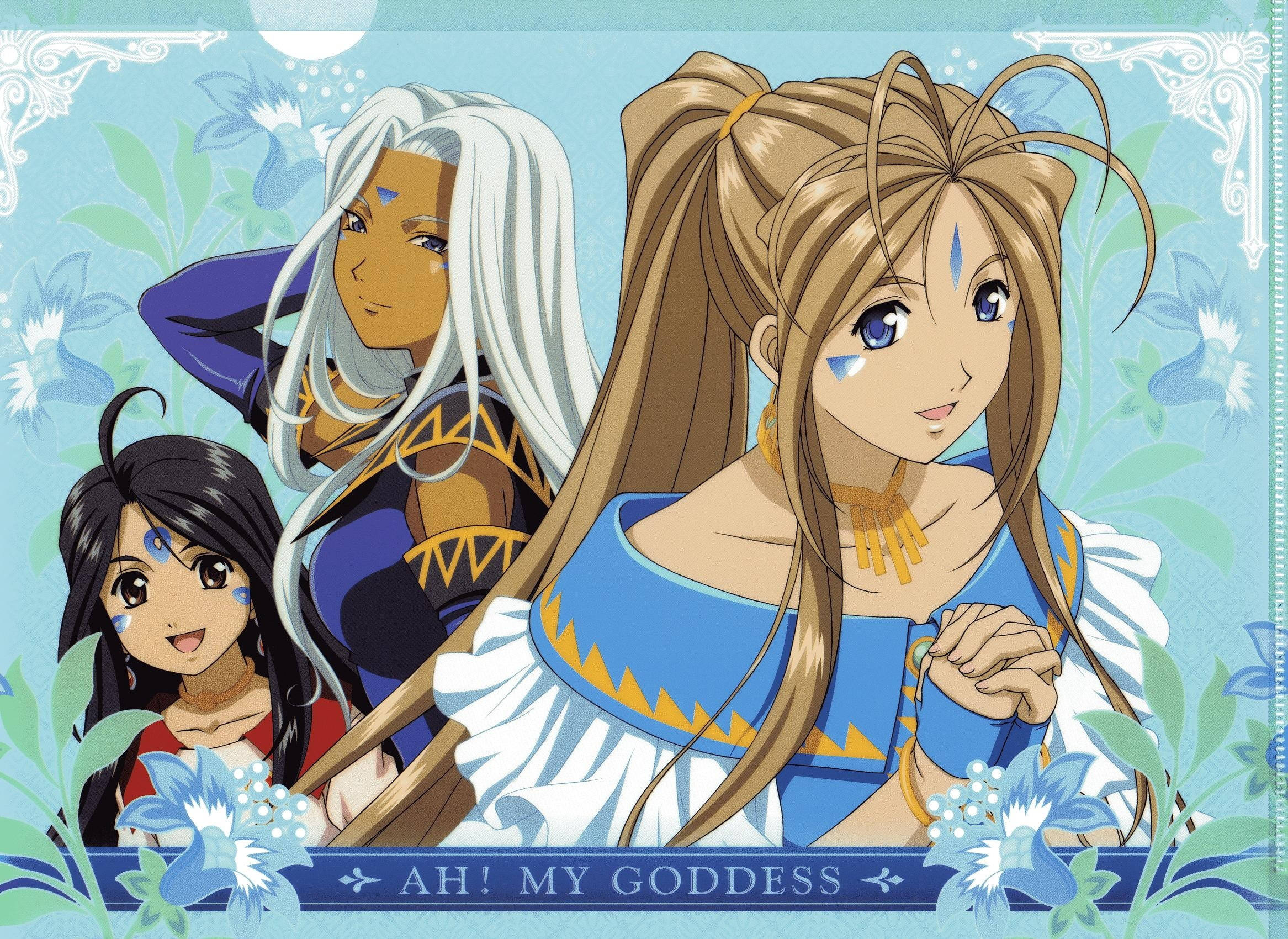 Ah My Goddess, blue tear marks, floral blue background, Full HD Desktop Wallpaper
