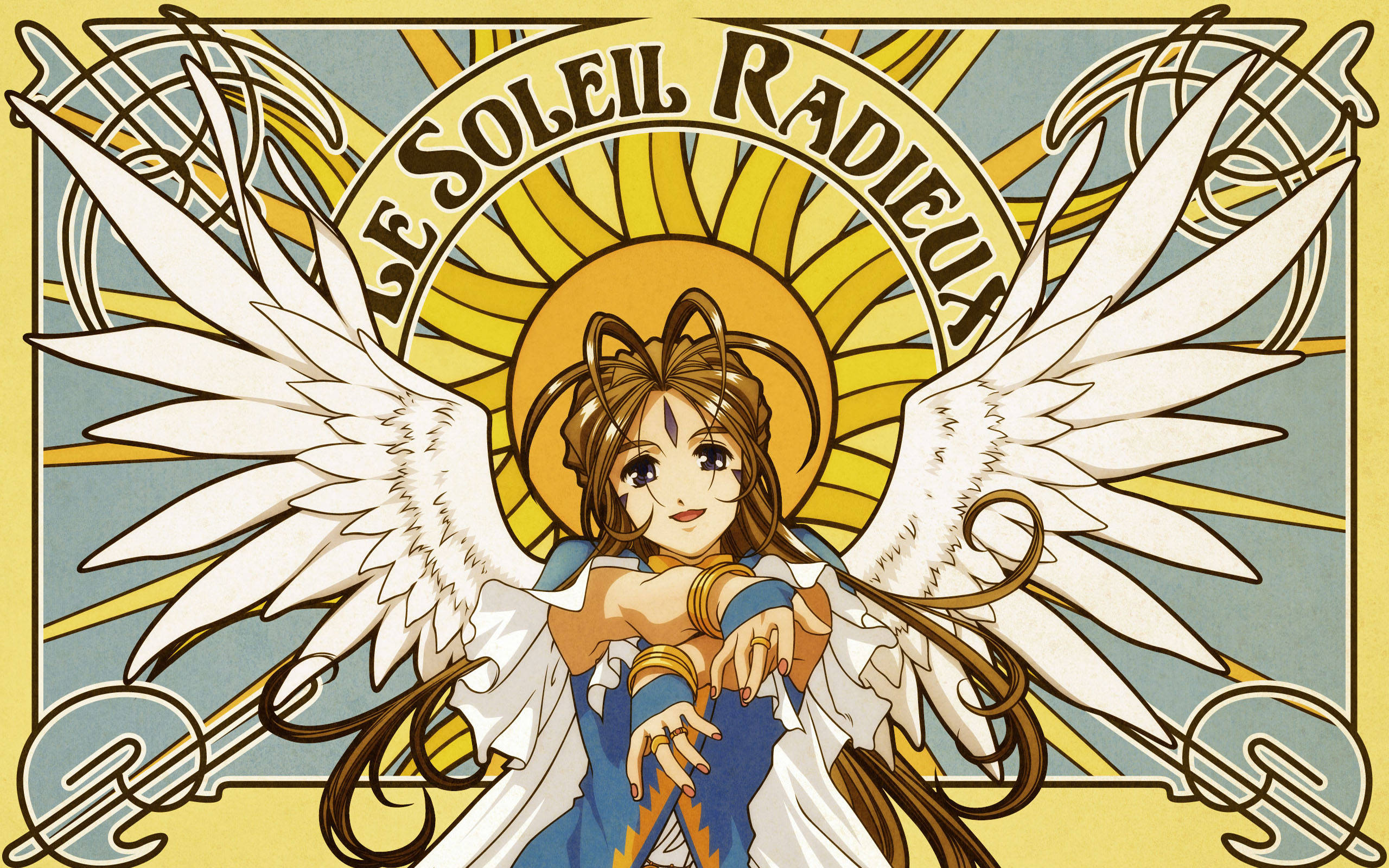 Ah My Goddess, sunburst background, white wings, 2K Desktop Wallpaper