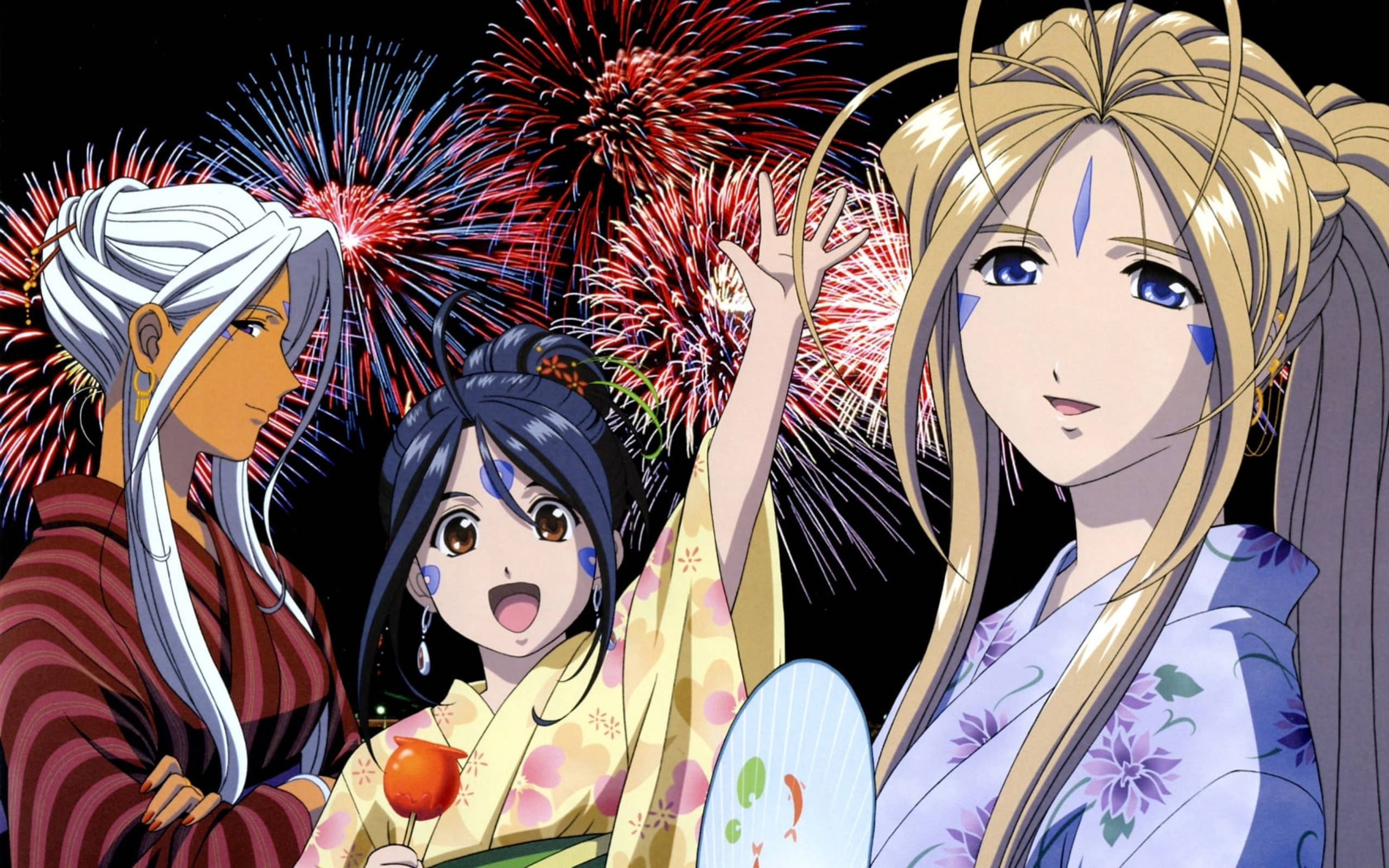 Ah My Goddess, fireworks, red and blue fireworks, 2K Desktop Wallpaper