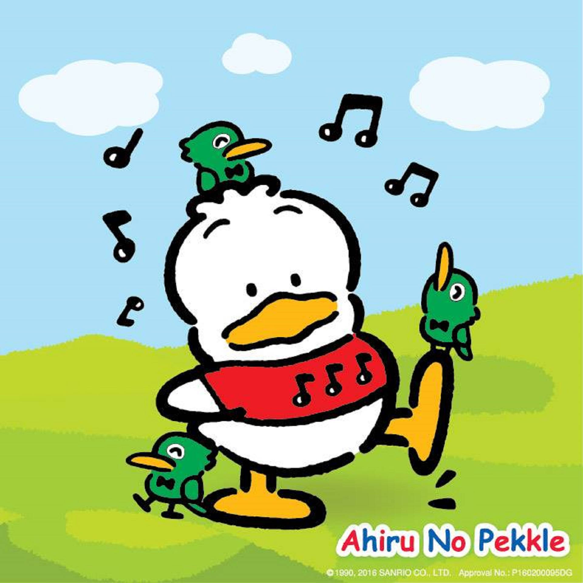 Ahiru no pekkle, red musical shirt, three green birds, Full HD Desktop Wallpaper