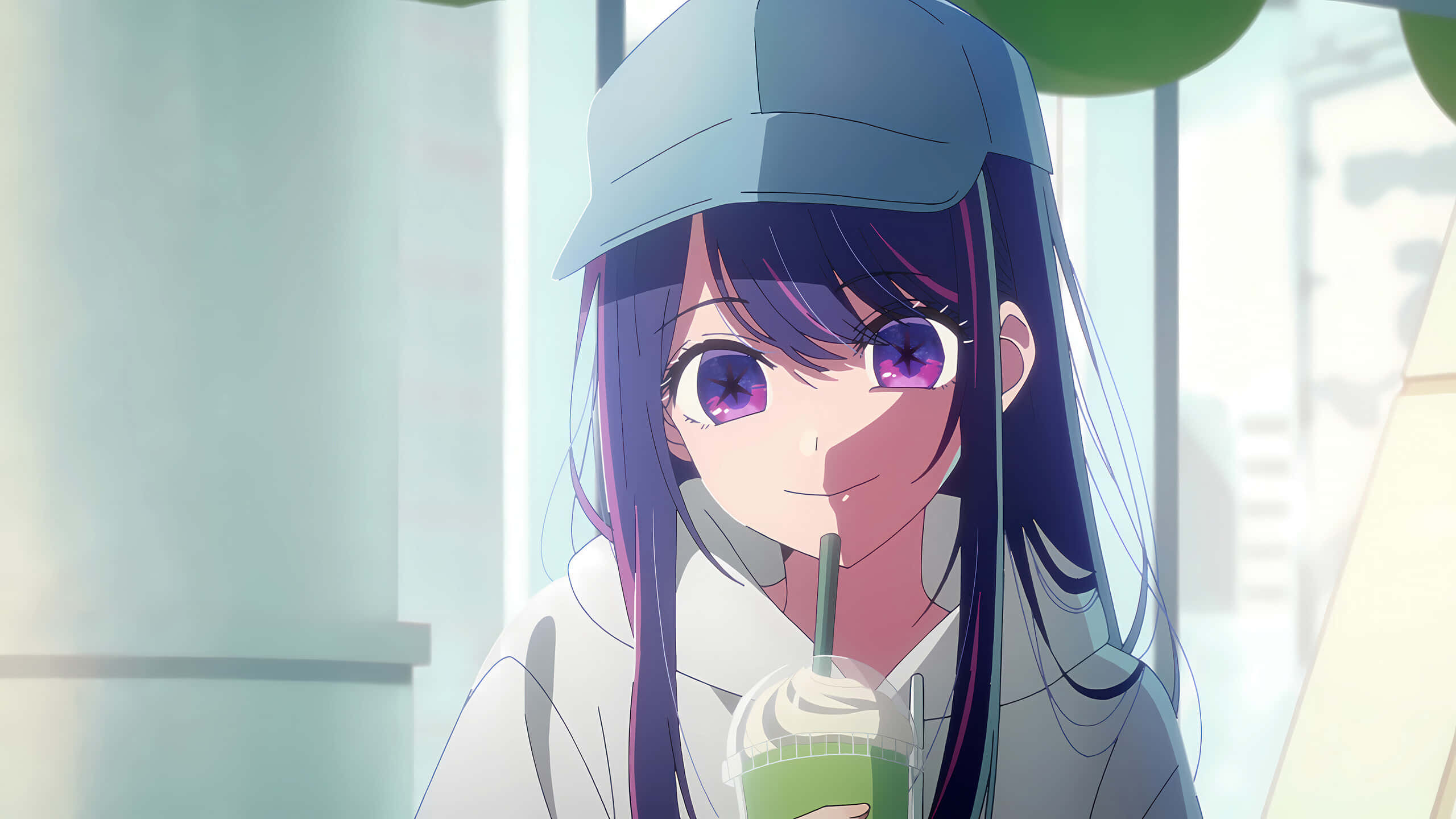 AI Hoshino, purple eyes, cap, 2K Desktop Wallpaper
