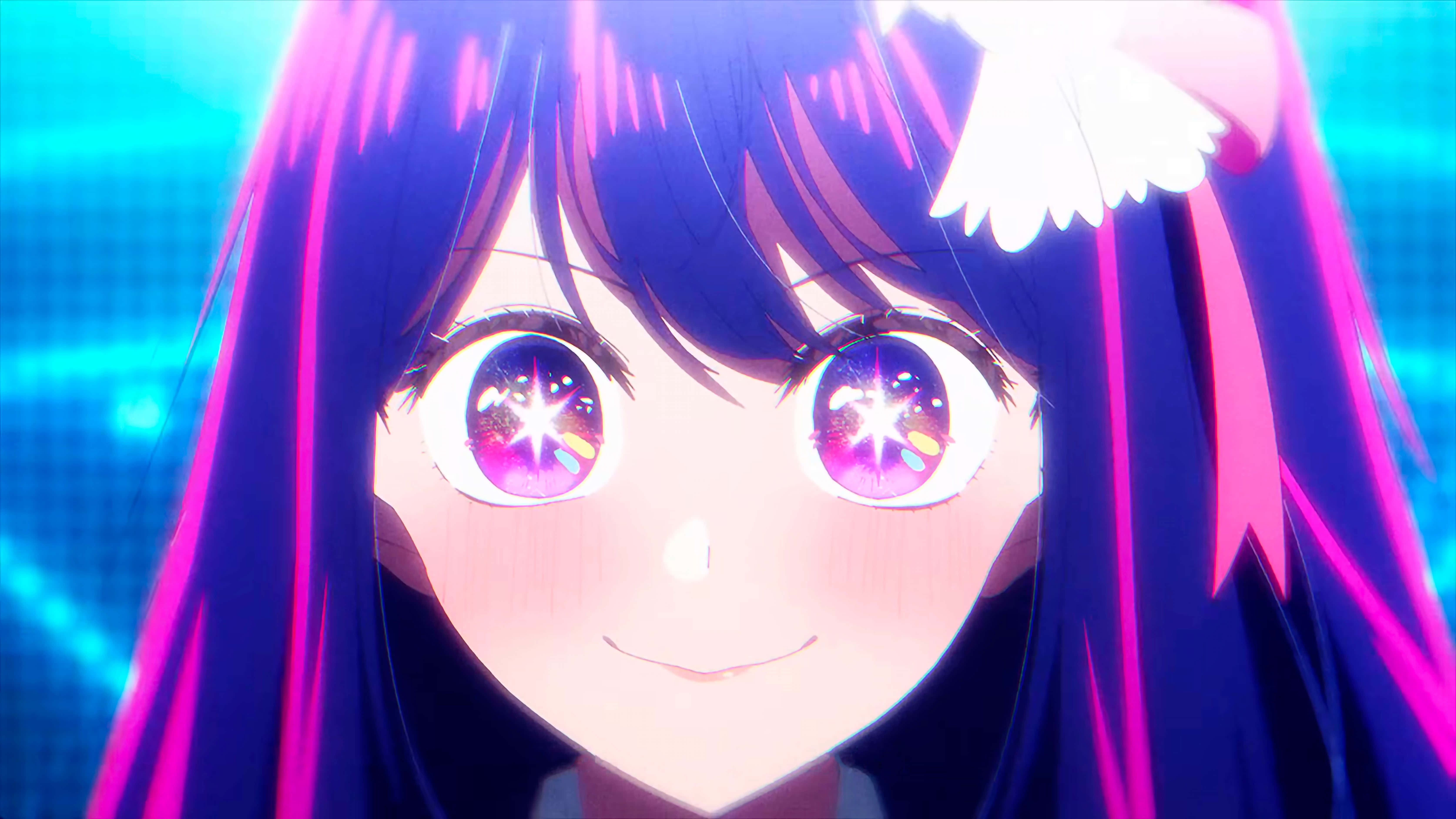 AI Hoshino, glowing purple eyes, pink streaked hair, 5K Desktop Wallpaper