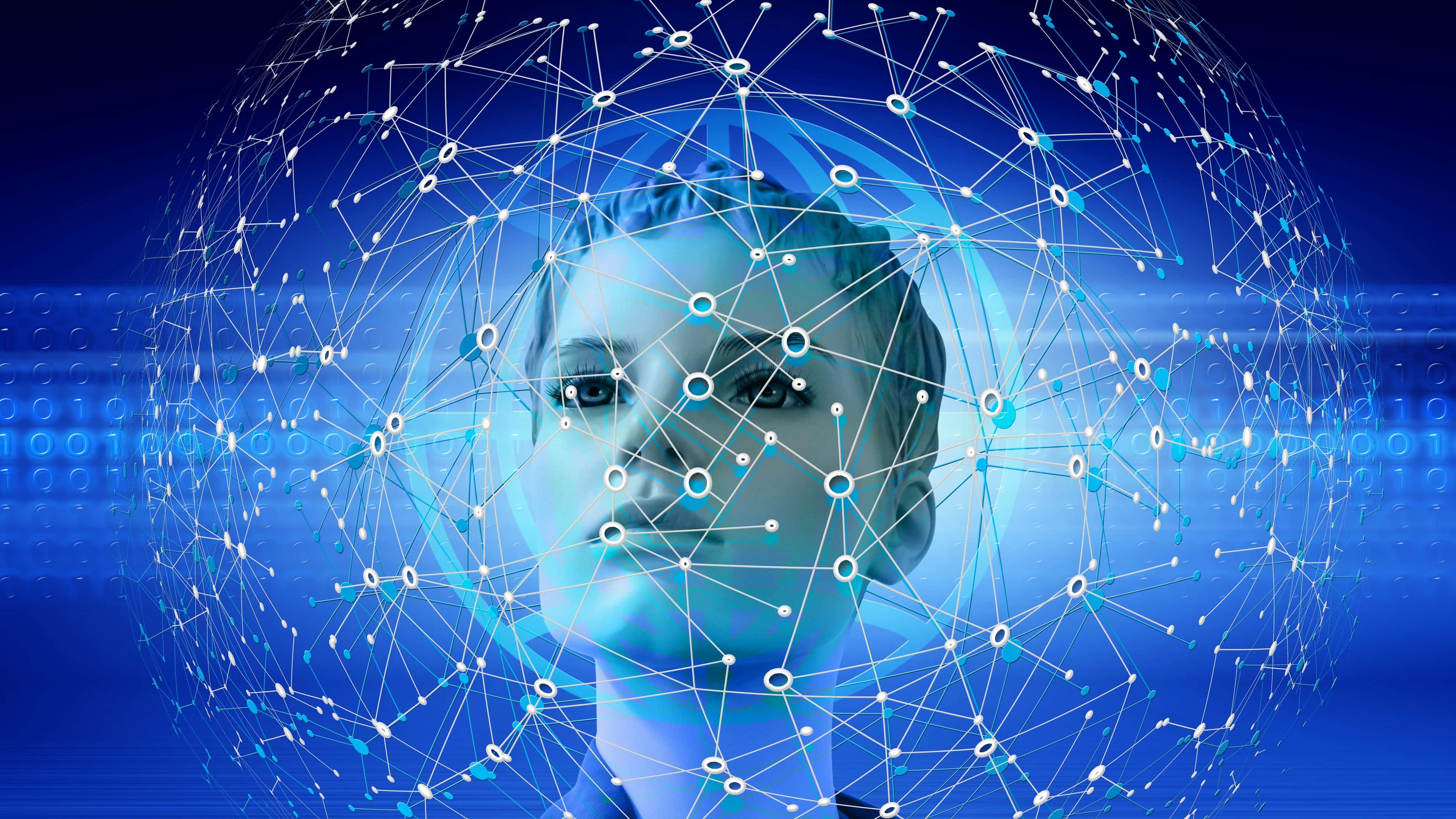 futuristic human head, glowing blue digital network, binary code, 4K Desktop Wallpaper