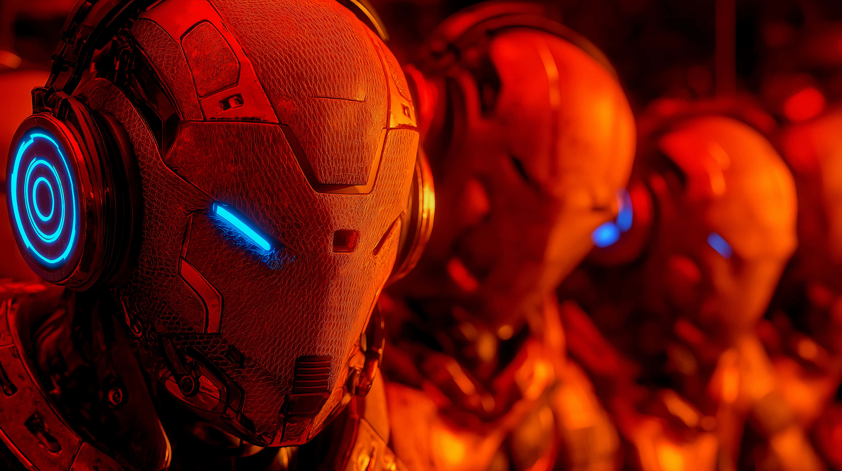 red robotic sentinels, glowing blue eyes, headphones, 2K Desktop Wallpaper