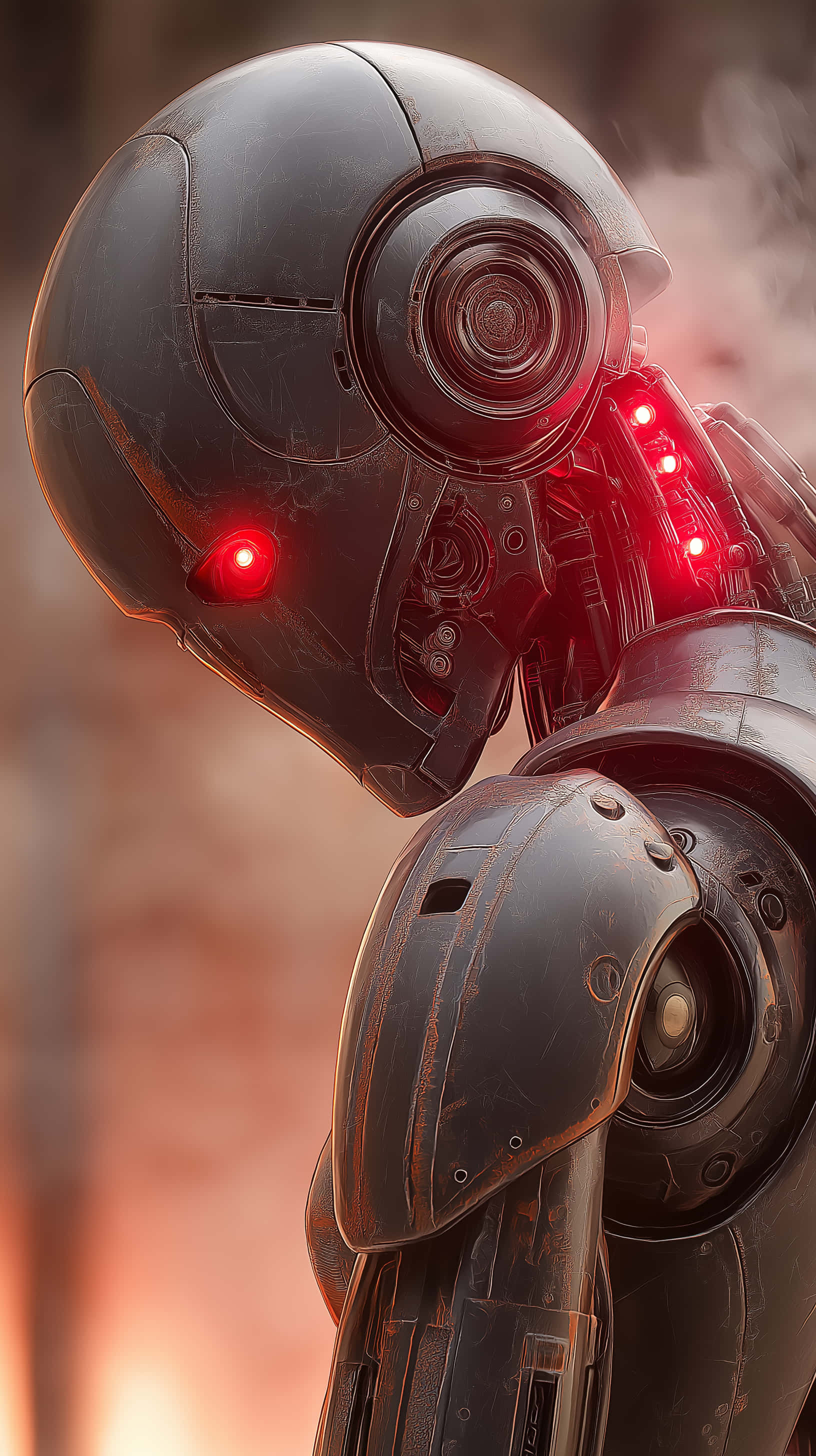 futuristic humanoid robot, dark metallic robot, glowing red eyes, 2K Phone Wallpaper