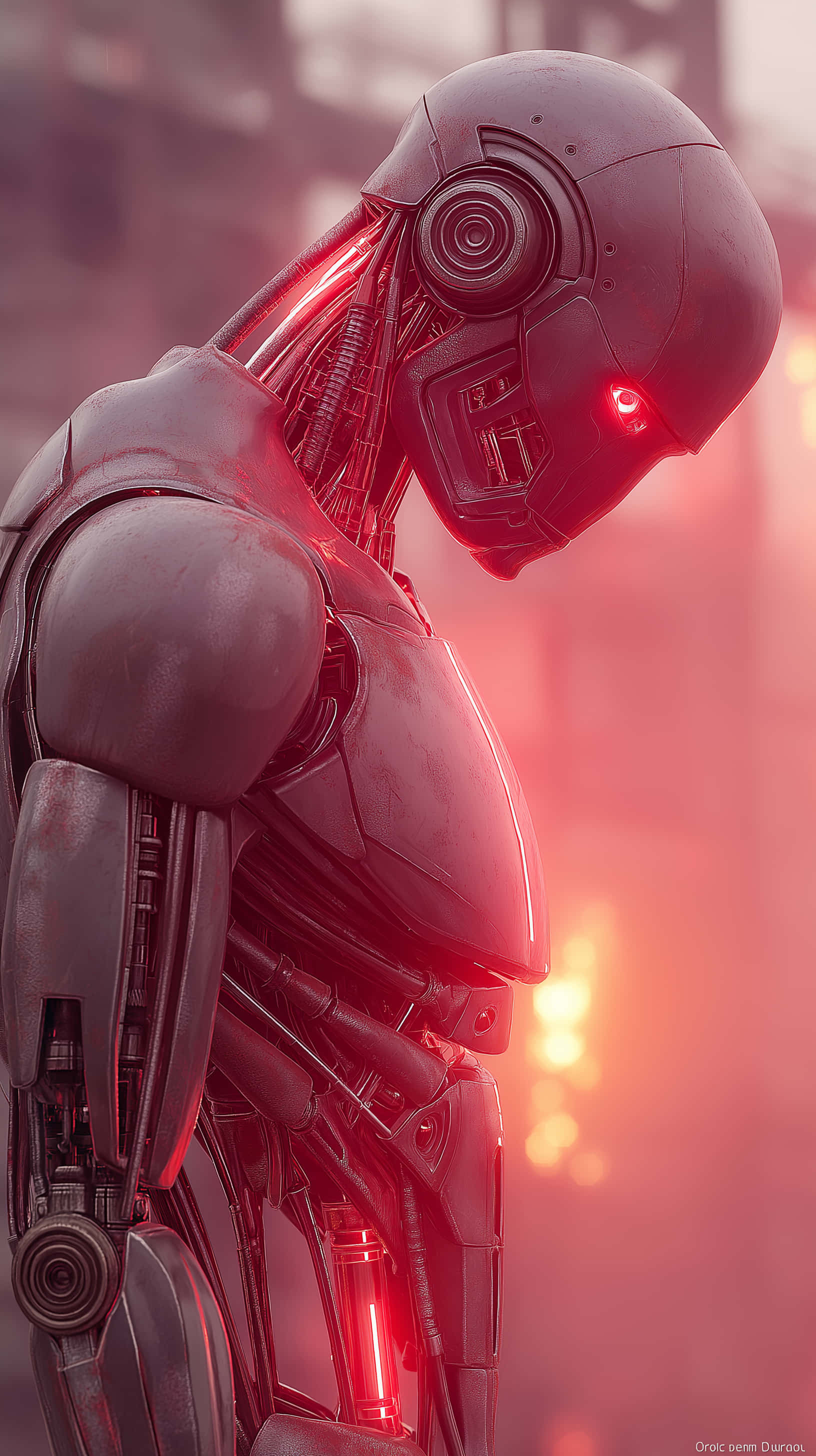 futuristic humanoid robot, glowing red eyes, internal lights, 2K Phone Wallpaper