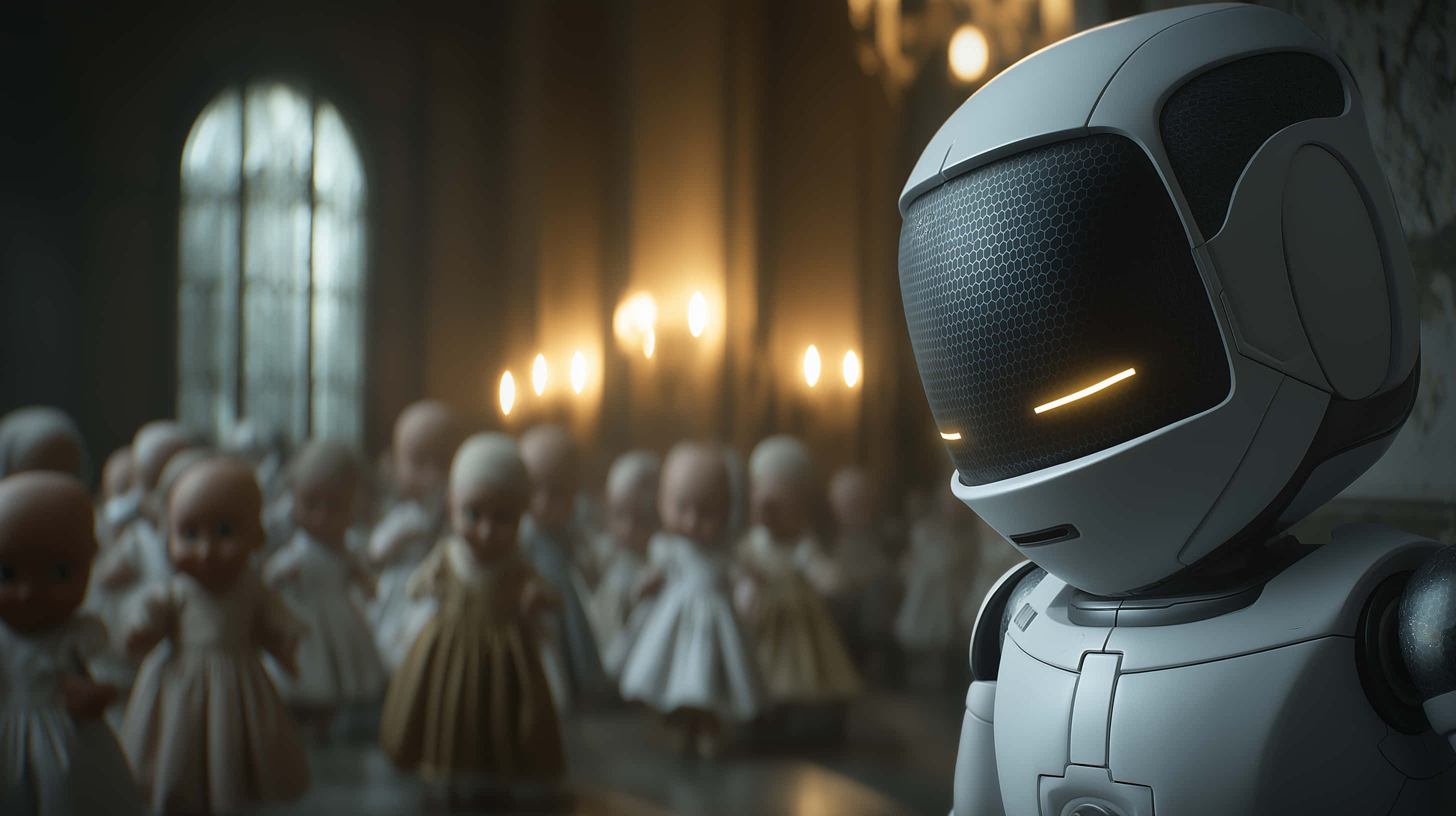 sleek white robot, glowing eyes, dimly lit cathedral, 2K Desktop Wallpaper