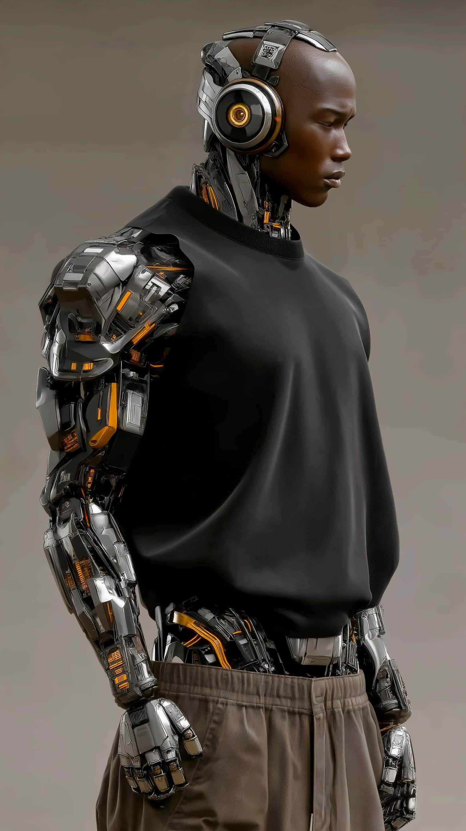 cybernetic humanoid, black tshirt, brown pants, 2K Phone Wallpaper