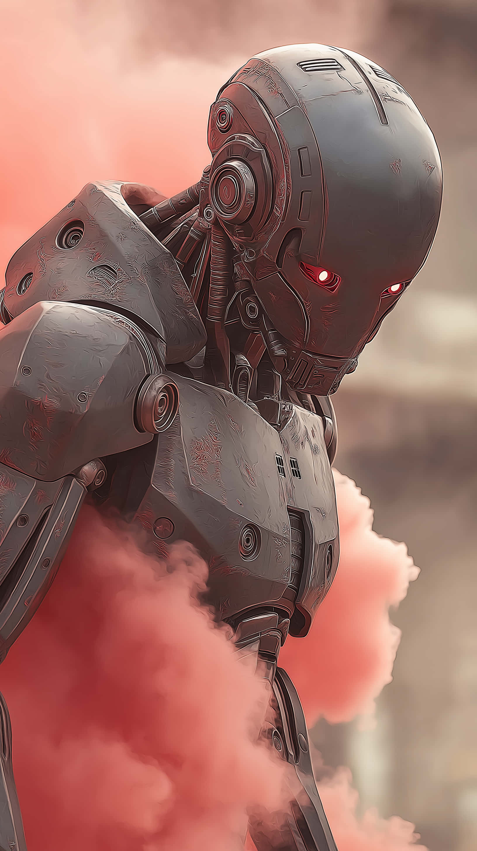 futuristic humanoid robot, glowing red eyes, swirling pink smoke, 2K Phone Wallpaper